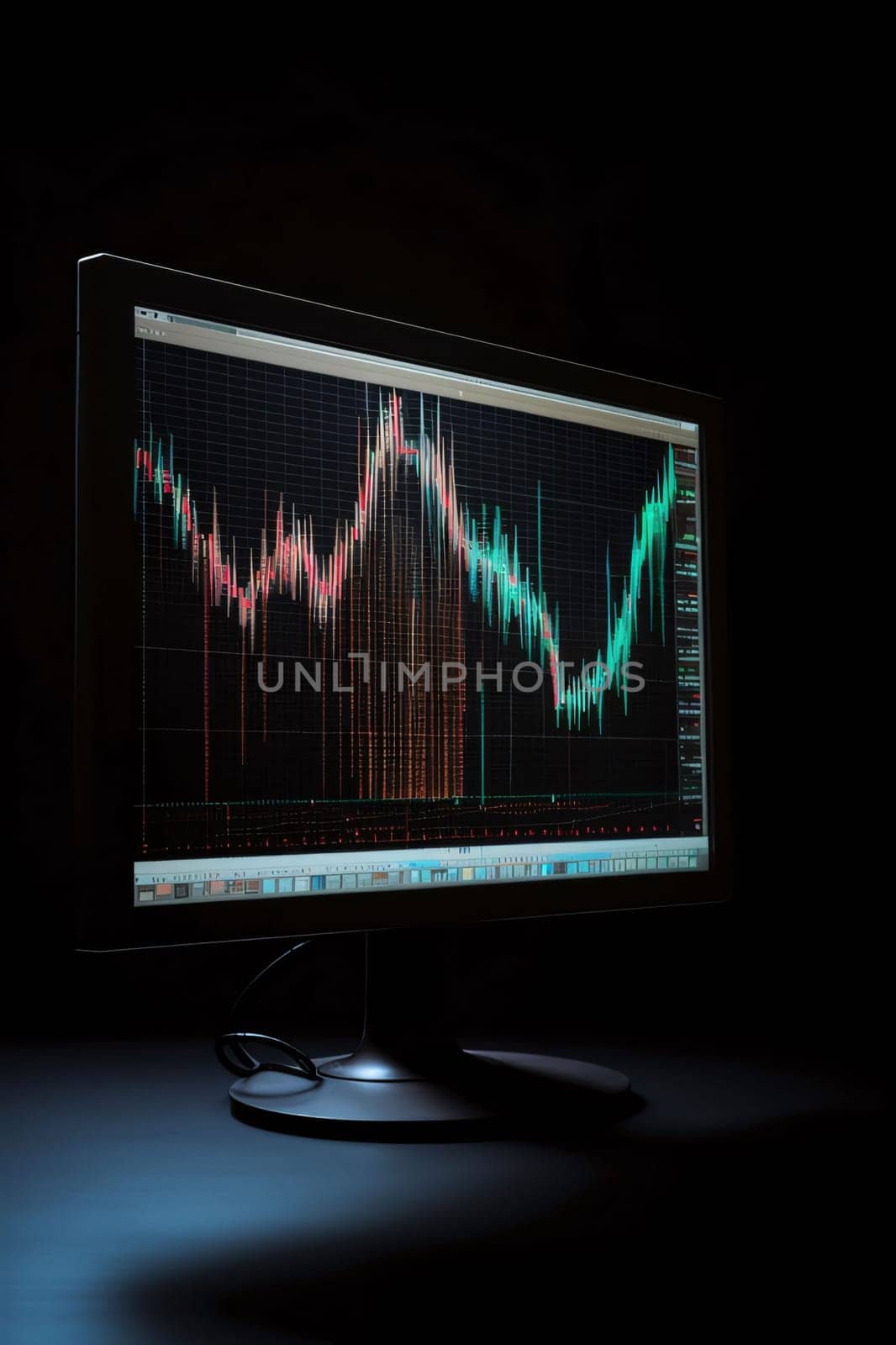 Stock Market: Monitor with stock market chart on dark background. 3D rendering.