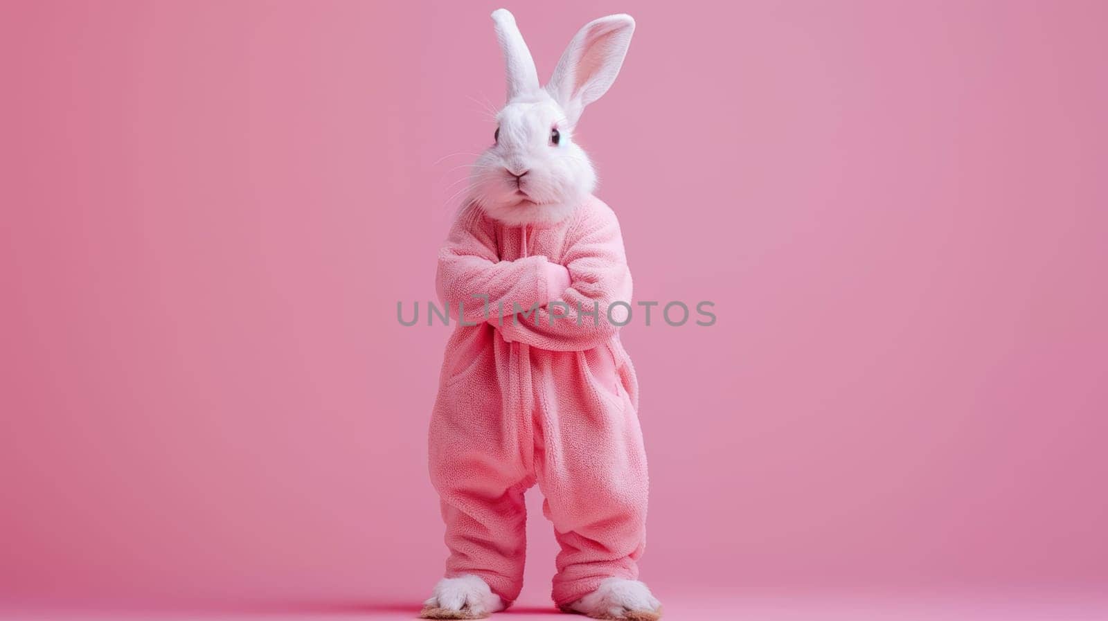 White Rabbit in Pink Outfit on Pink Background.