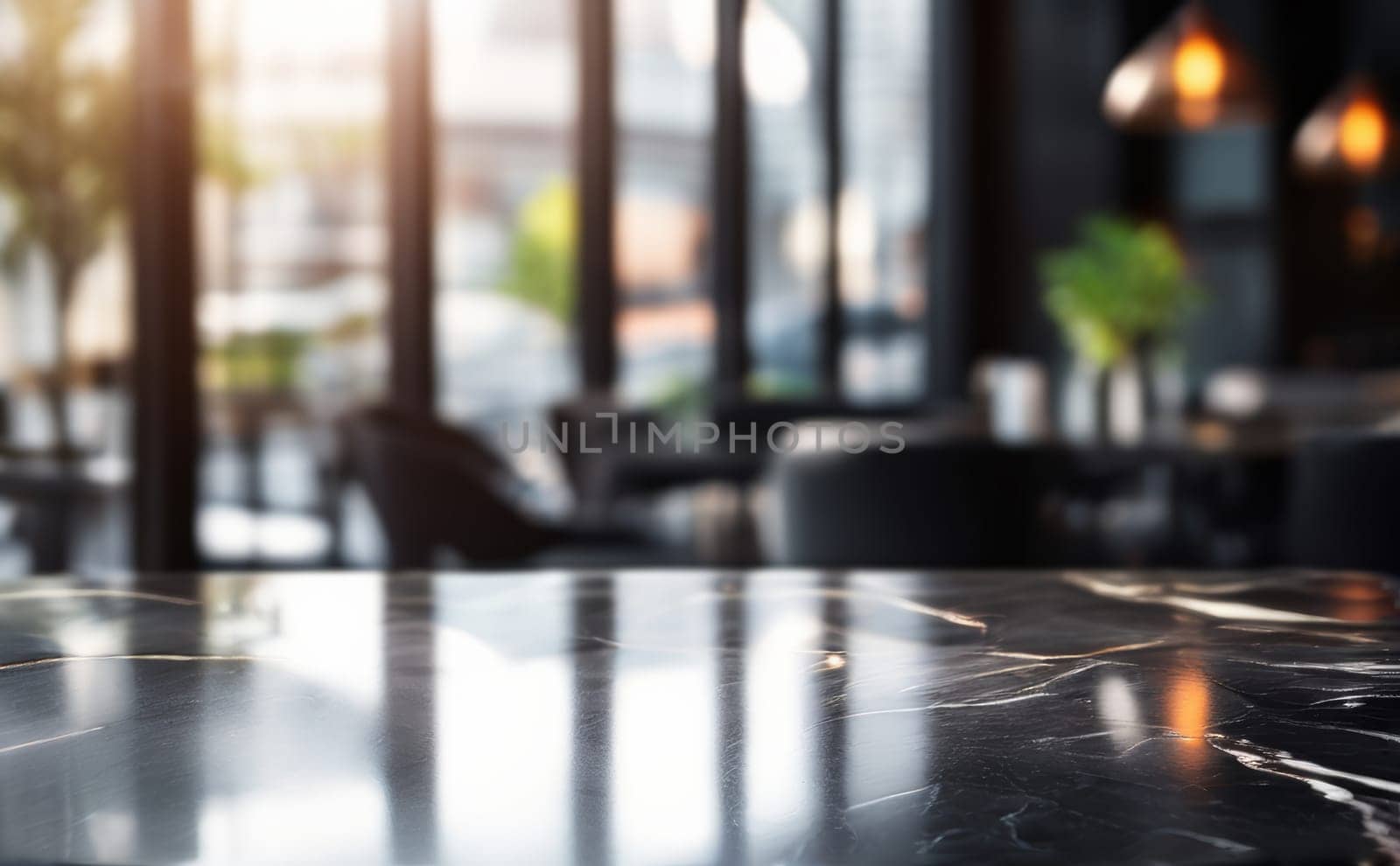 Black stone table top and blurred bokeh office interior space background. Dark marble table on blurry background of office, restaurant or cafe interior