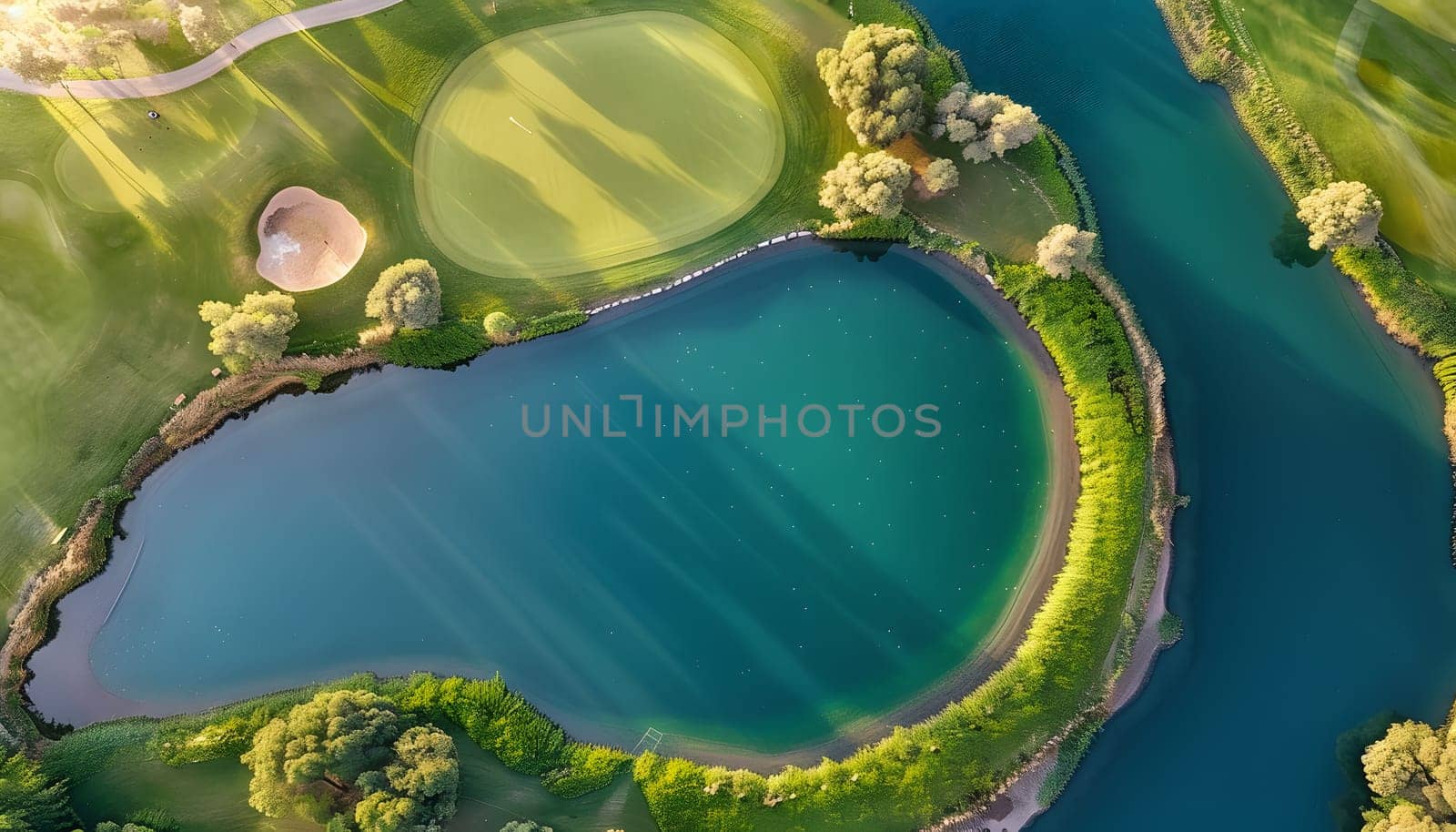 A birdseye view of a golf course featuring a lake in the center, surrounded by lush grass and terrestrial plants, creating a beautiful natural landscape