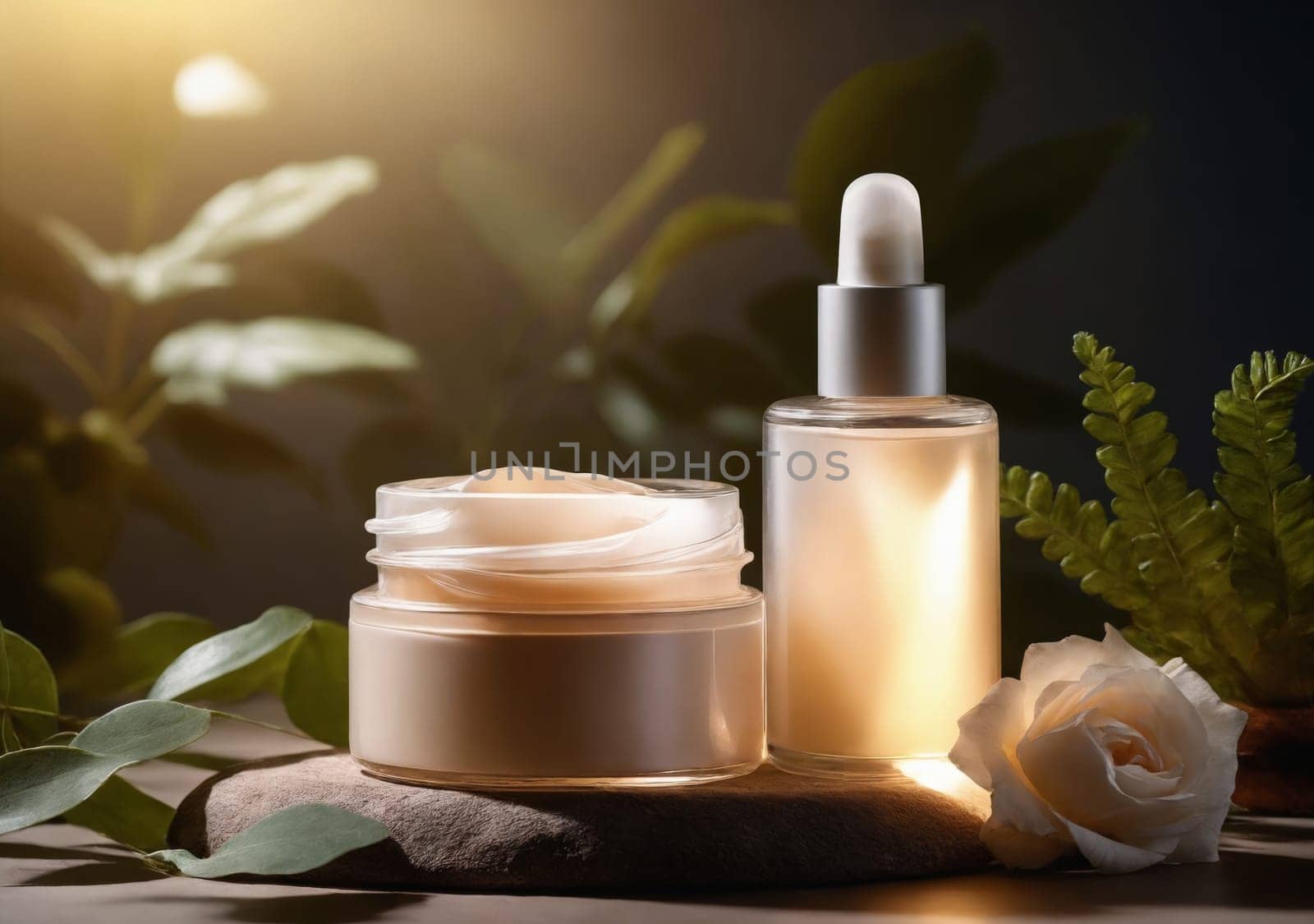 organic skincare items, cream in jar and serum bottle on dark countertop with a fresh palm plants leaf and flowers. Skincare and cosmetic, routine concept. Mockup for face cream and serum