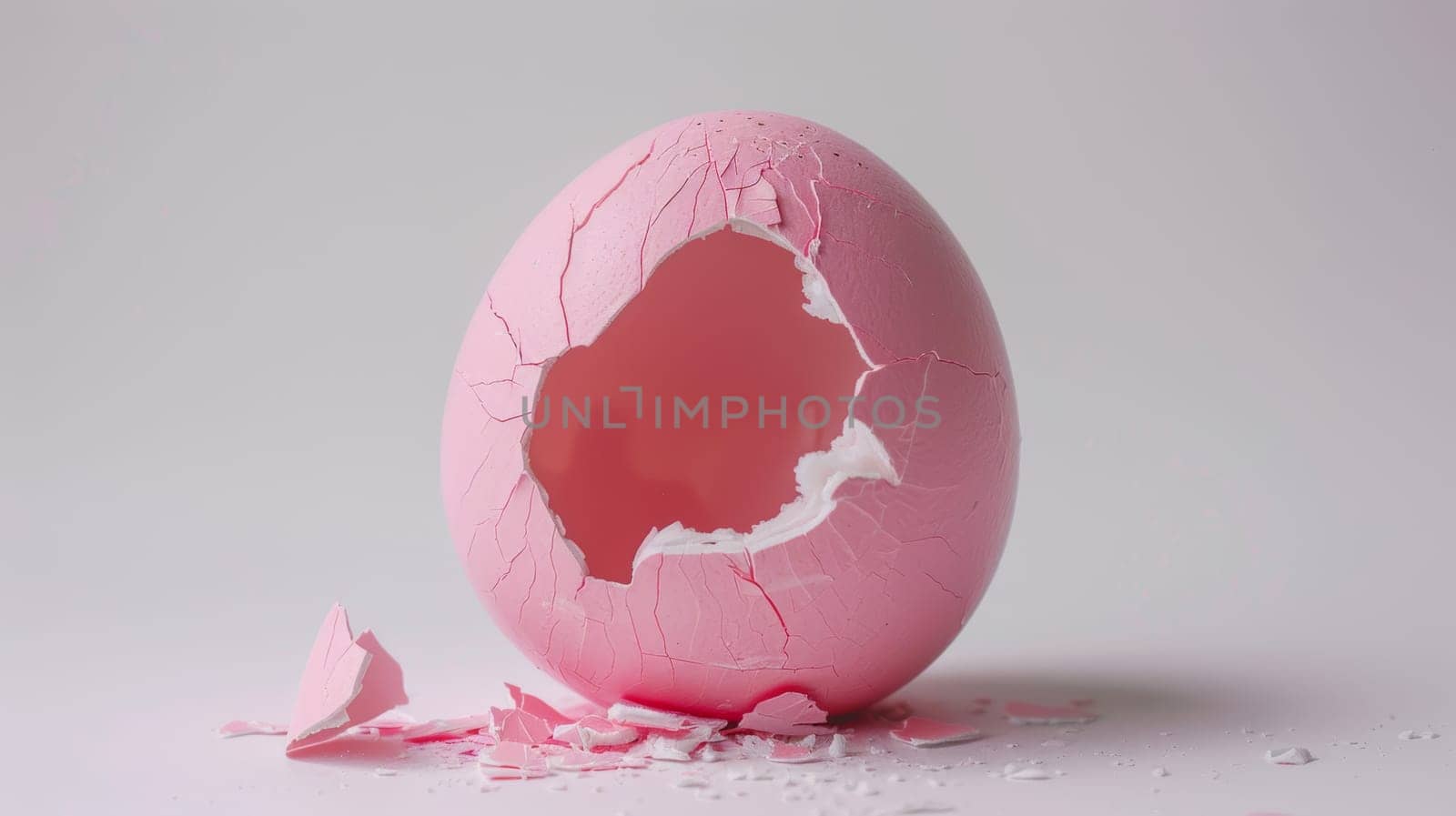 A pink egg shell lies broken on a surface, with a clear hole in it. The delicate shell is fractured, revealing the inner contents.