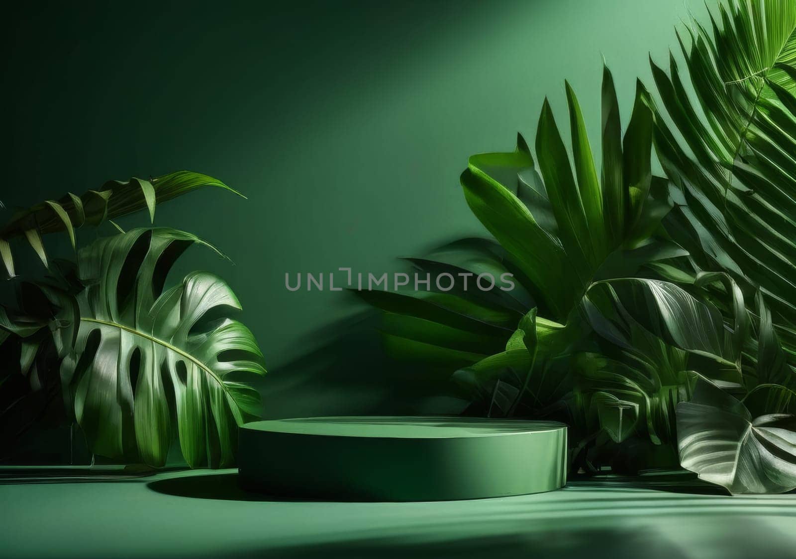 Green podium and leaves with shadows by fascinadora