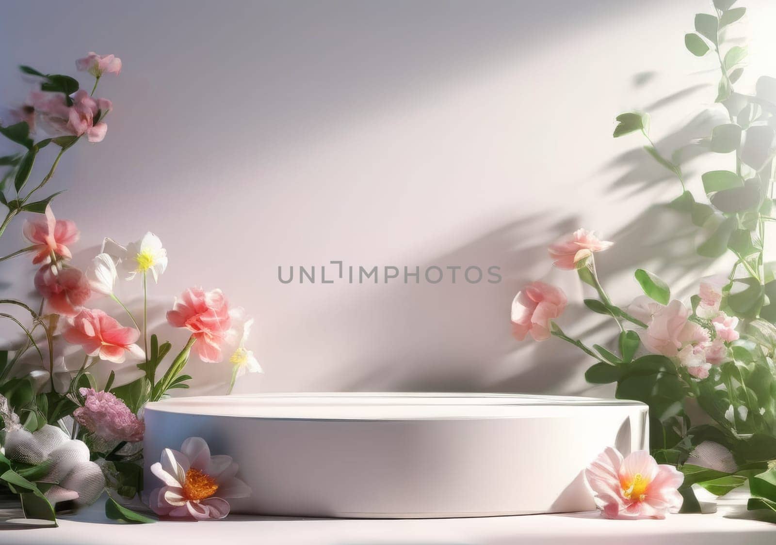 Low Empty Podium with background pink spring flowers. Podium mockup for product 3d. spring table beauty stand display nature. Podium adorned with pink flowers. Display with flowers for cosmetic