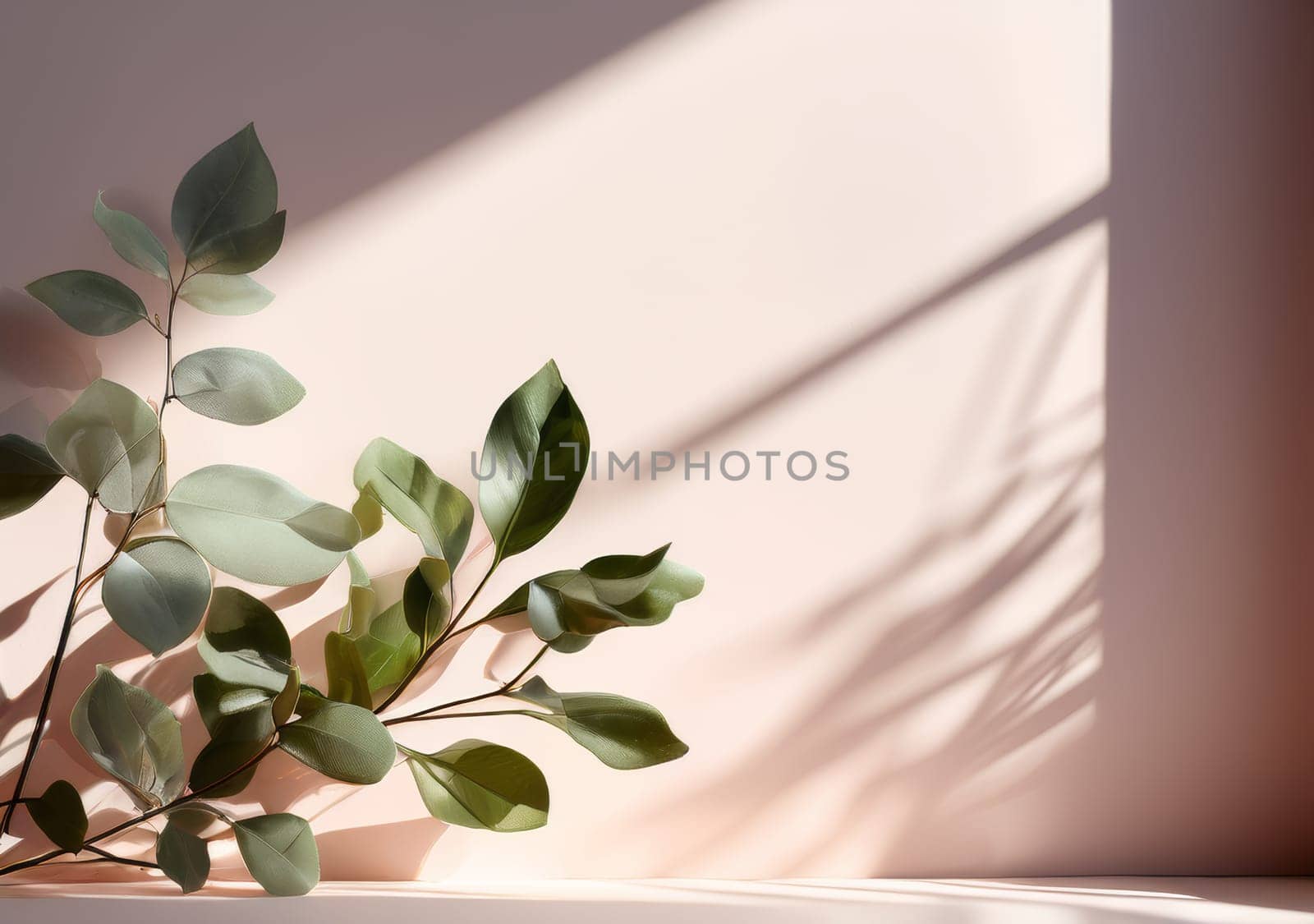 Green leaves shadows beige wall background template by fascinadora