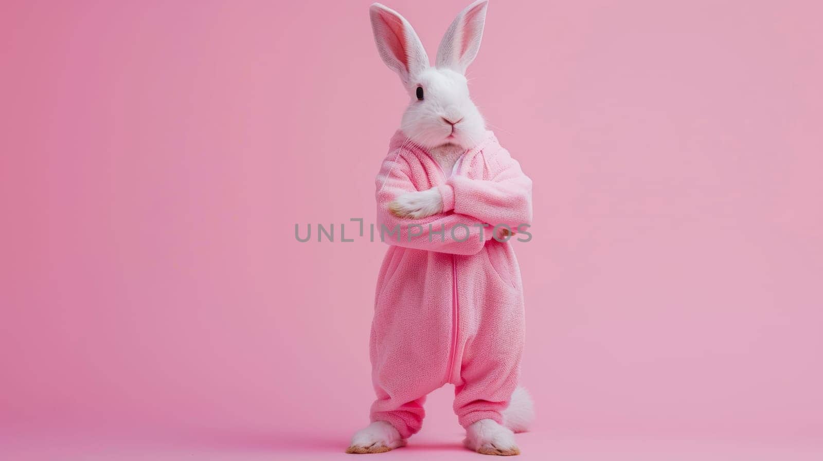 A white rabbit wearing a pink outfit stands in front of a pink background. The rabbit is upright and alert, showcasing the vibrant contrast between its white fur and the soft pink tones.