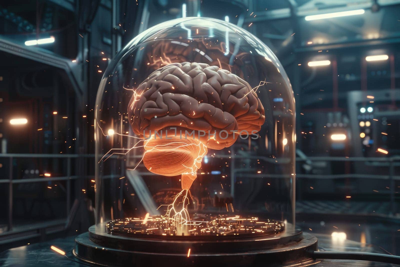 A human brain, rendered in a semi-transparent, connected to a complex circuit board