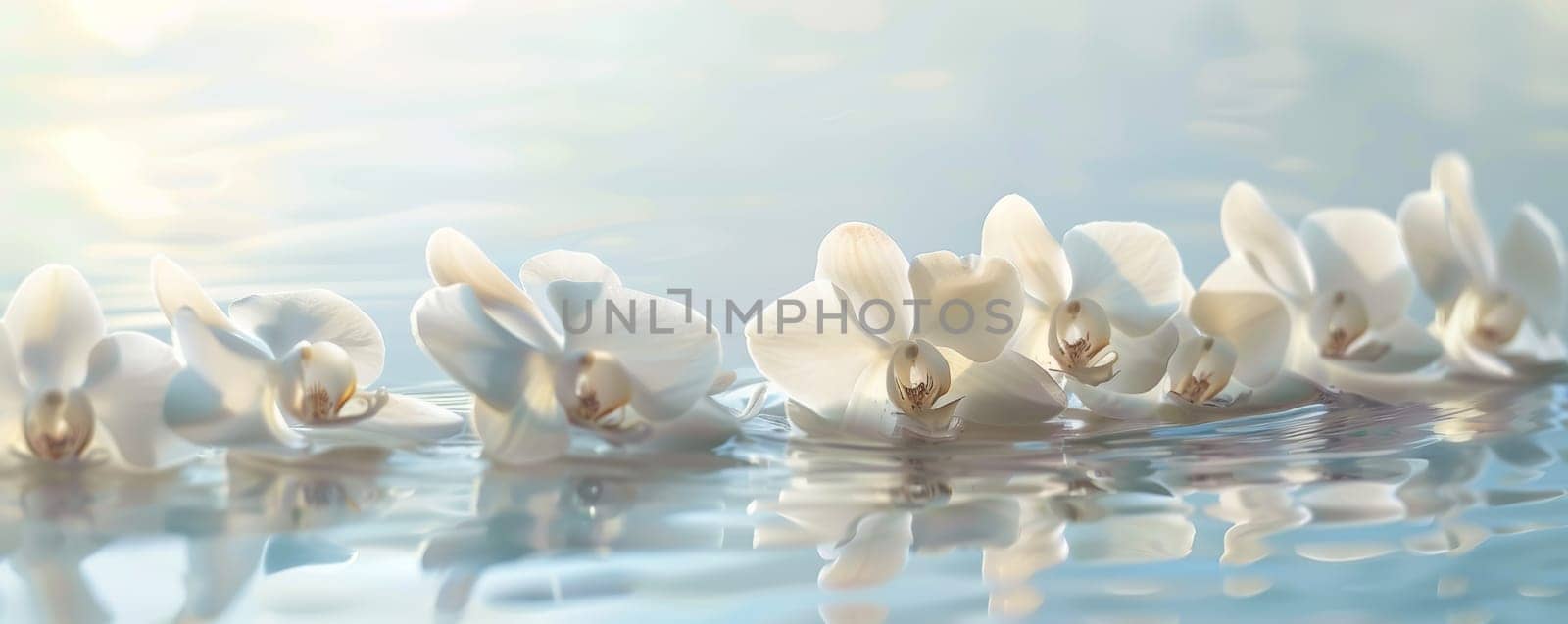 White orchids floating on water with soft focus and serene background.