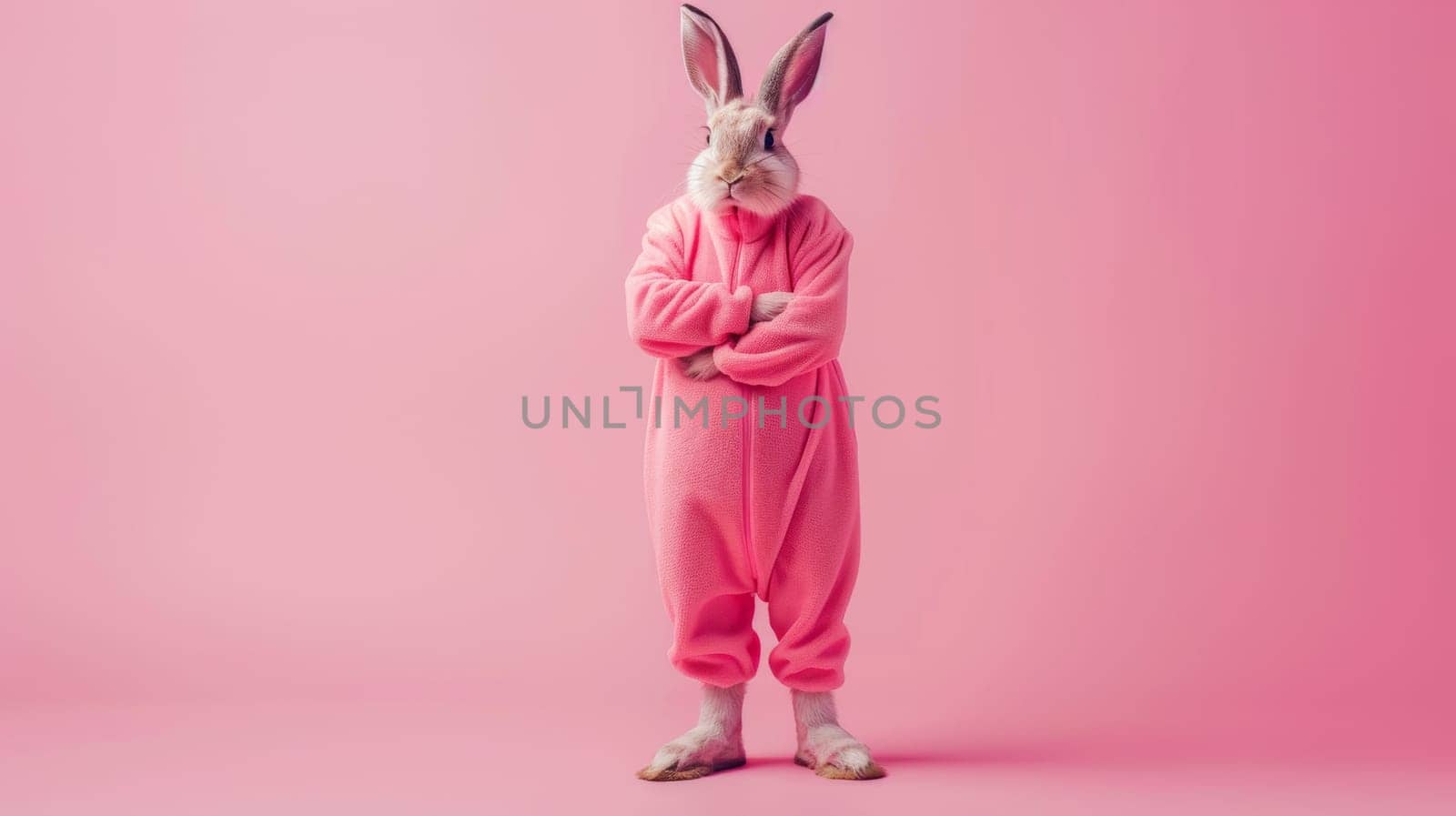 A person wearing a pink bunny costume standing in front of a solid pink background, striking a playful pose and drawing attention to the vibrant pink color theme.