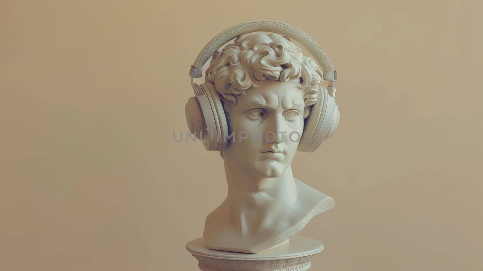 Marble sculpture of classical bust wearing modern headphones.