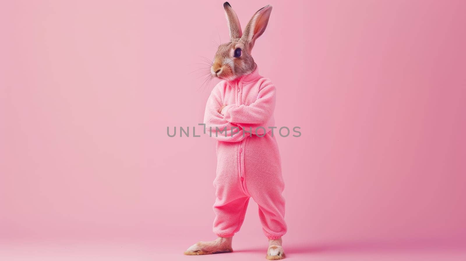 A person wearing a bunny suit is standing with their arms crossed. The bunny suit is fluffy and white, with large floppy ears. The persons posture is confident and assertive as they stand with a serious expression.