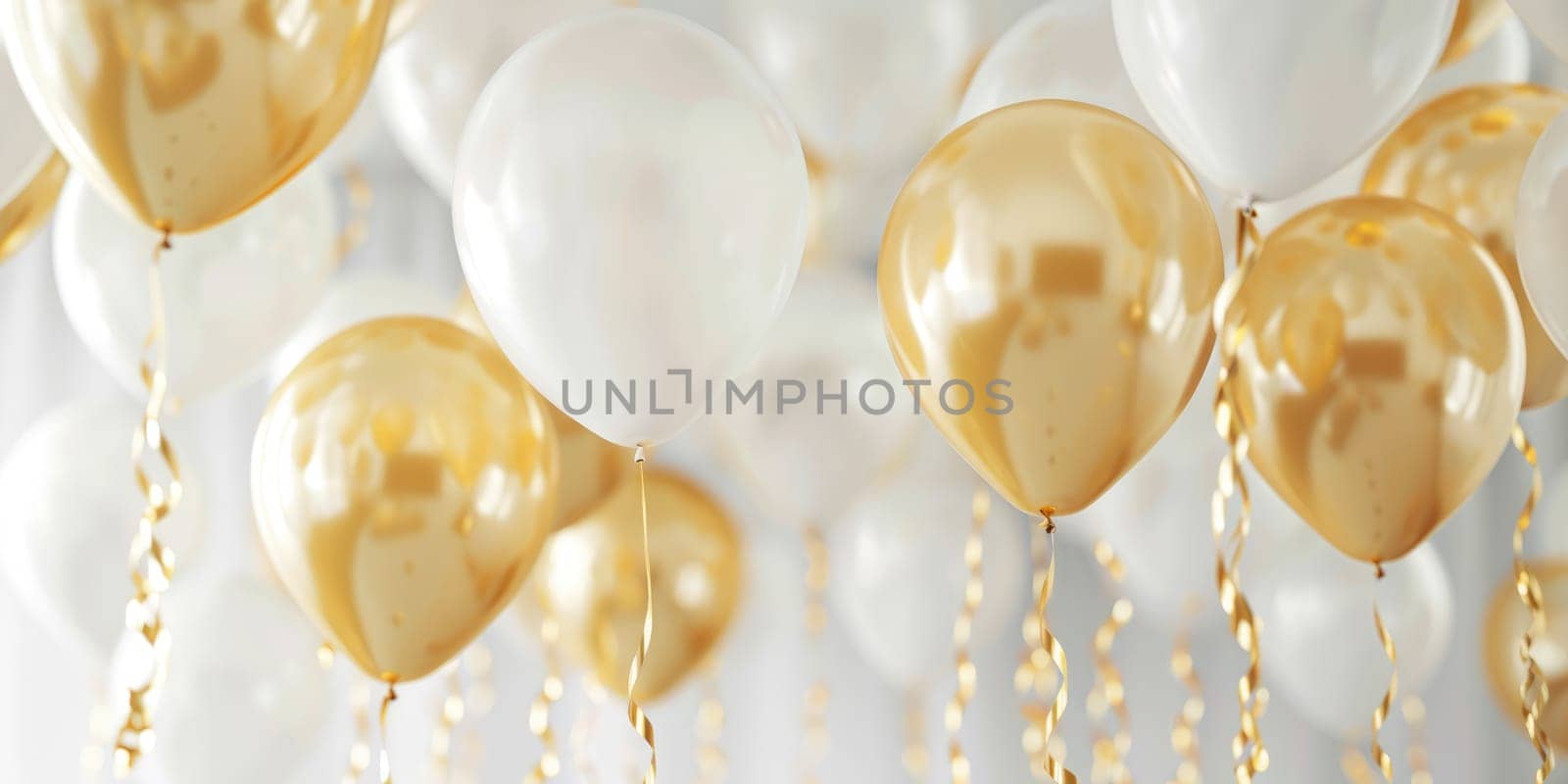 Festive golden and white balloons with golden ribbons on white background. Celebration, party, and decoration concept for design, print or post card. Ai generation. by Lunnica