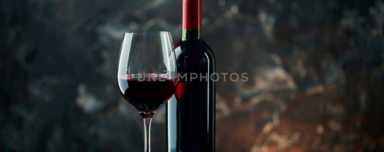 Red Wine Glass Beside Wine Bottle.