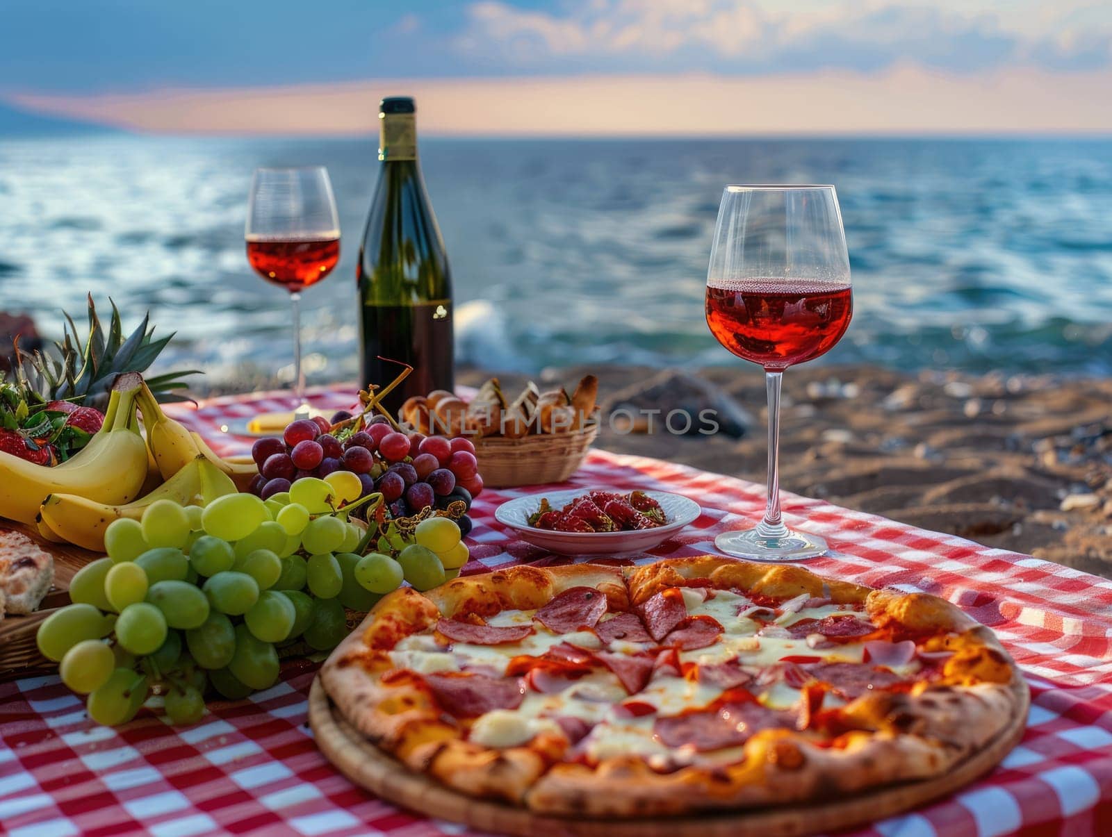 Picnic on the beach at sunset with a spread of fresh fruits, pepperoni pizza, and red wine. Romantic summer dining, food, and wine tasting concept with seaside view. Ai generation by Lunnica