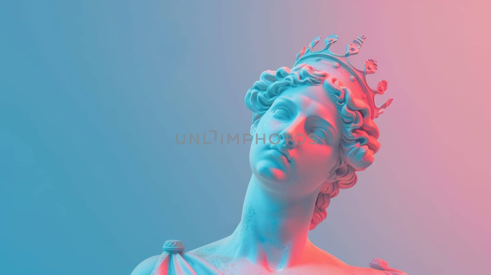 Sculpture of a classical figure with crown in dual-tone lighting.