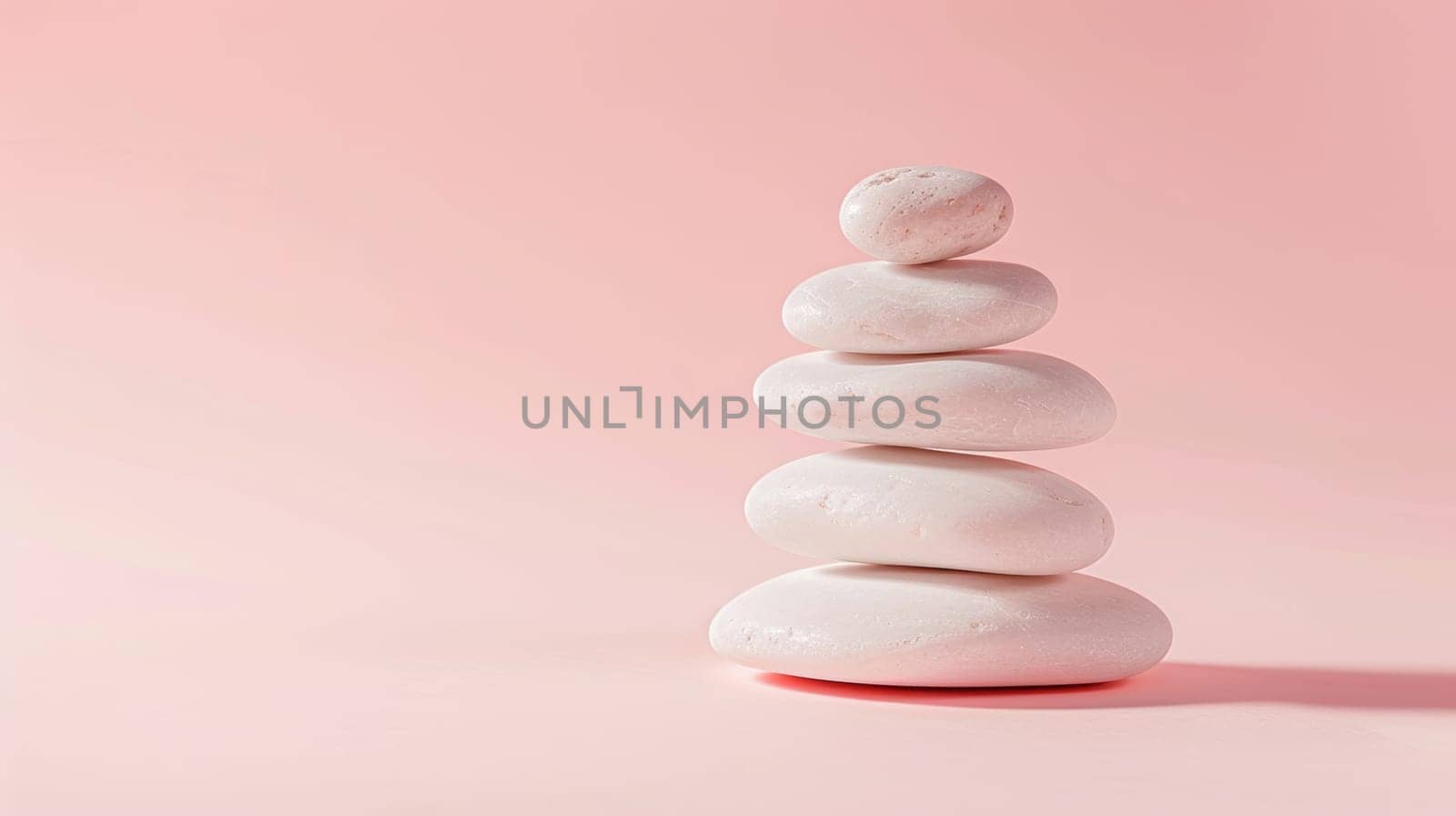 Stack of smooth white stones on pink background.