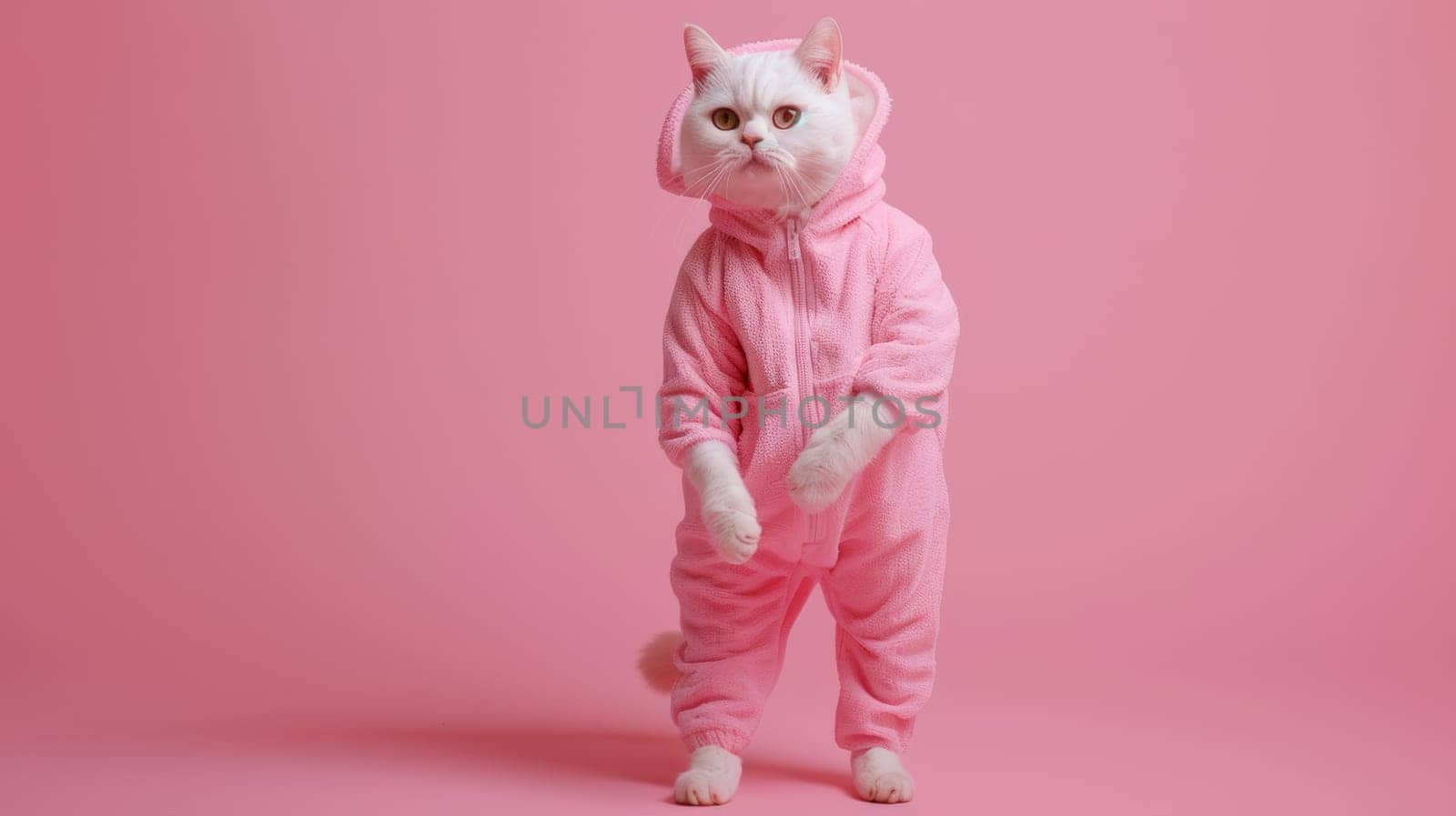 A white cat is dressed in a pink onesuit, standing on a pink background. The cat looks comfortable and cute in its outfit, creating a visually appealing scene.