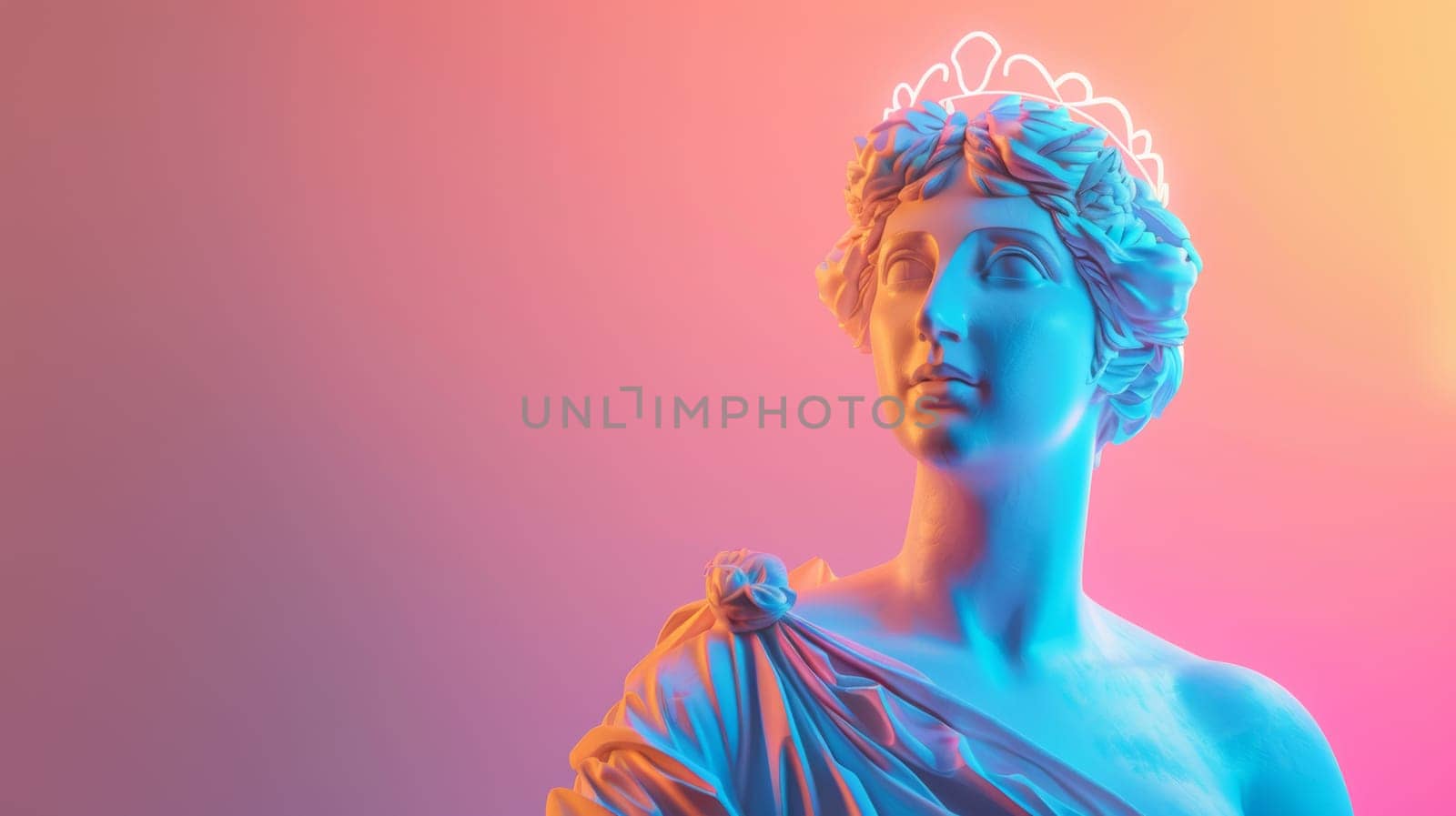 Colorful lighting on classical statue with a crown.