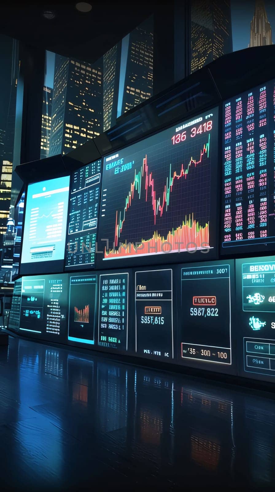 Stock market data on screen monitor in night city. 3D rendering by ThemesS