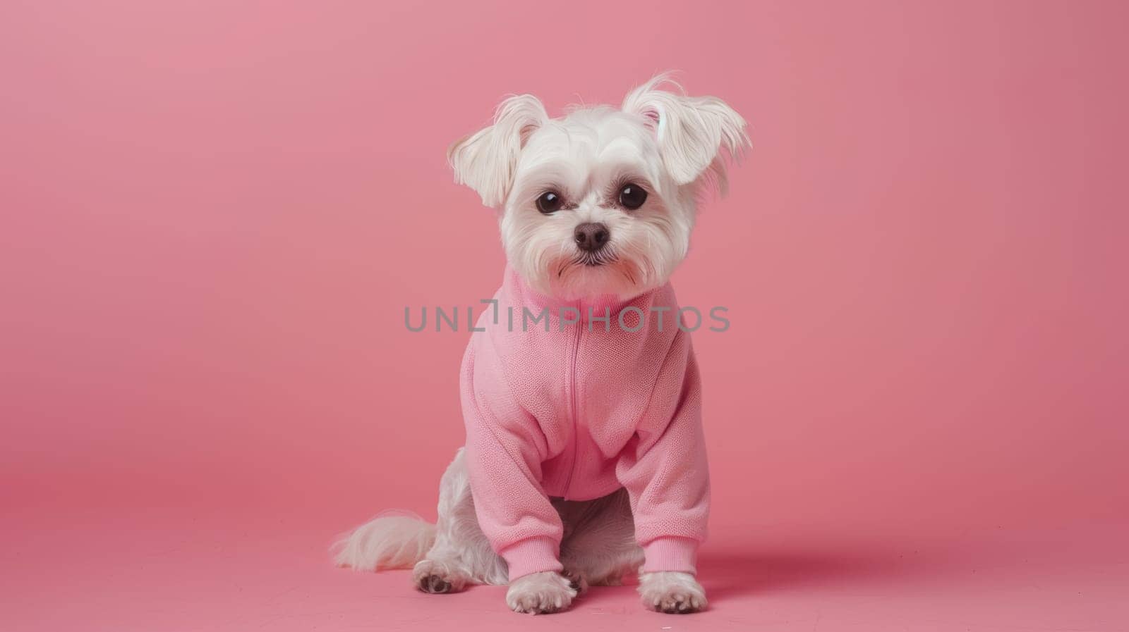 A small white dog is wearing a pink sweater. The dog is standing in a room. It has fluffy fur and a wagging tail.