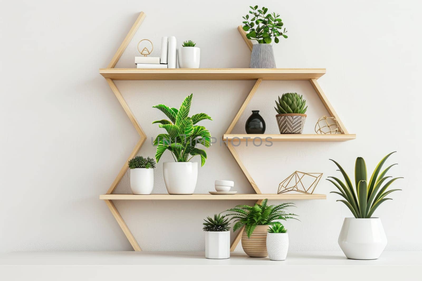 Minimalist workspace with a geometric bookshelf and potted plants. by Chawagen