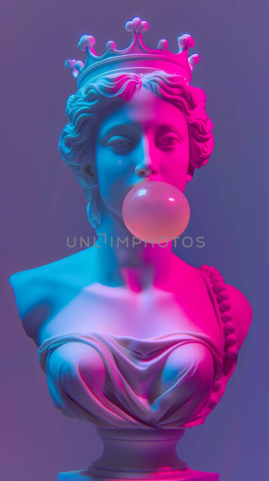 Colorful neon statue with crown and bubble gum.