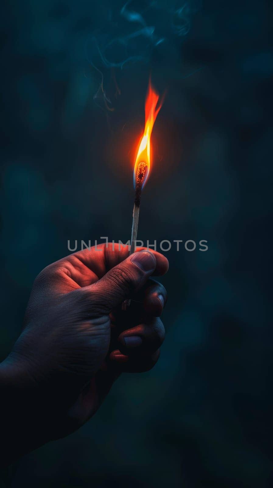 A mans hand holding Lit Match on dark background.