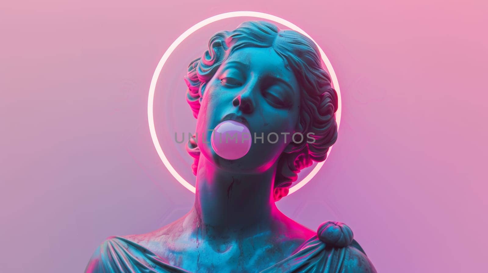 Surreal statue with neon lighting and bubble gum.
