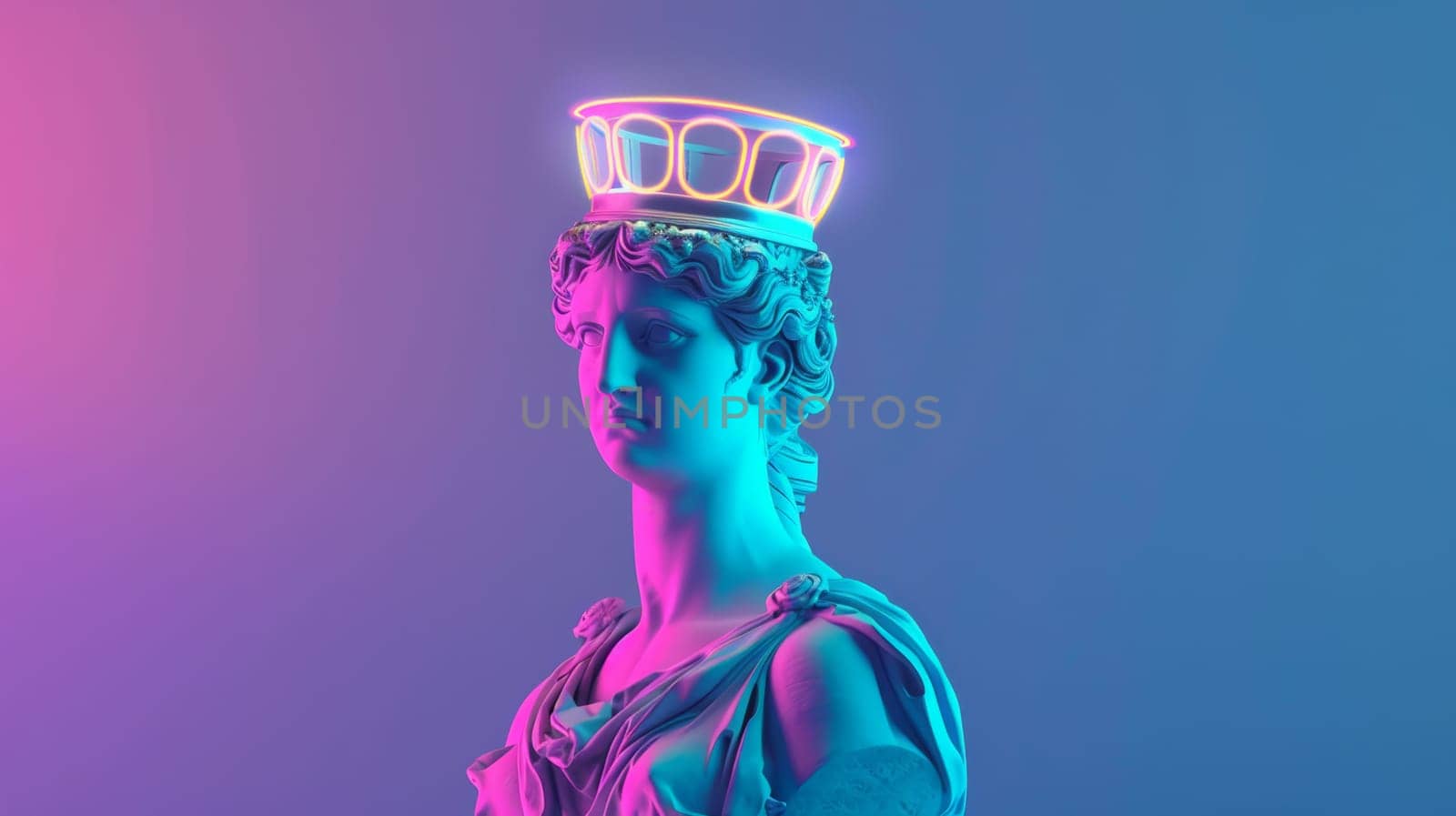 Neon-lit classical sculpture with a crown.