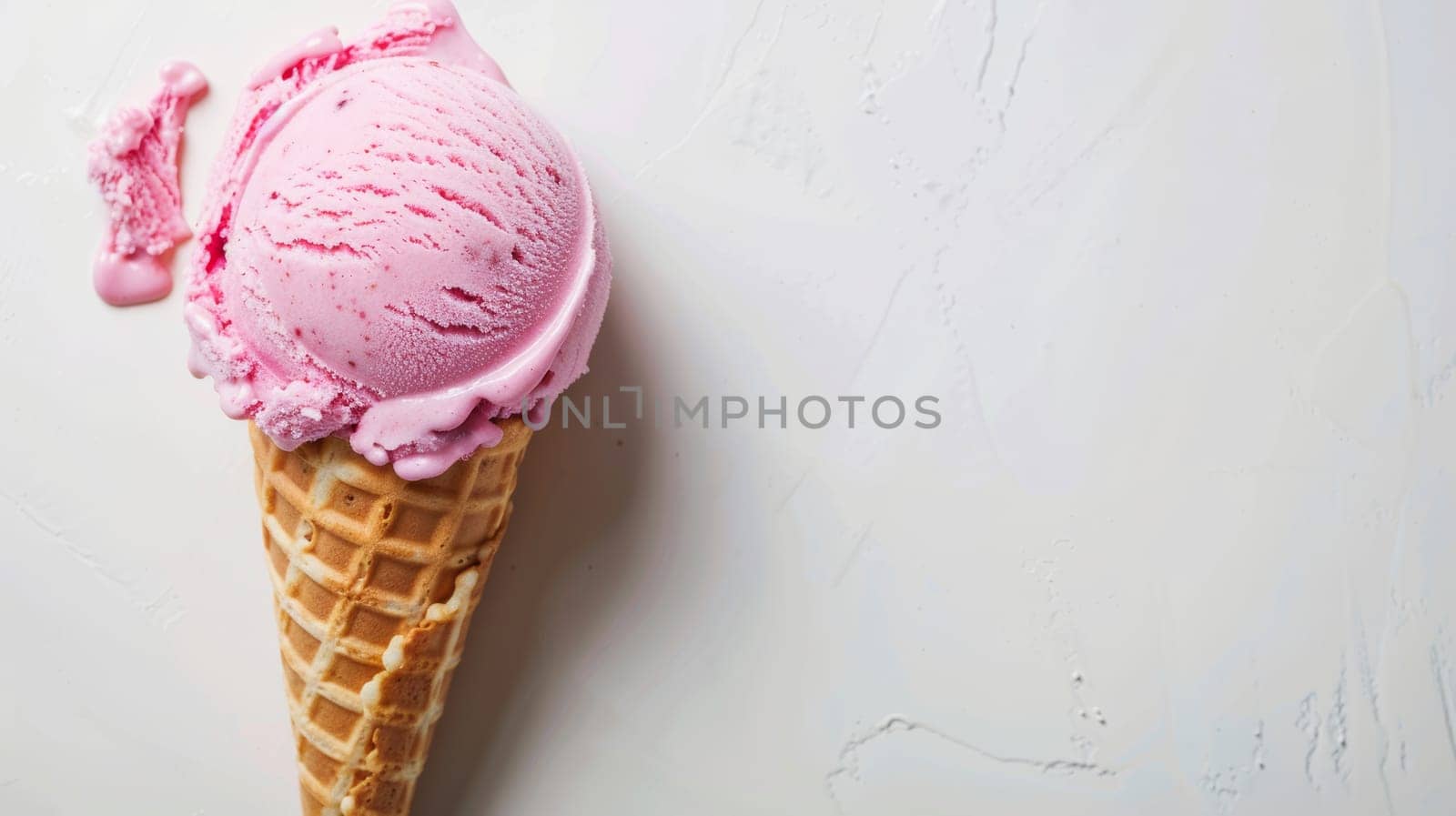 An ice cream cone featuring pink icing is placed on a clean, white background. The cone is filled with creamy goodness, and the pink icing adds a pop of color to the sweet treat.