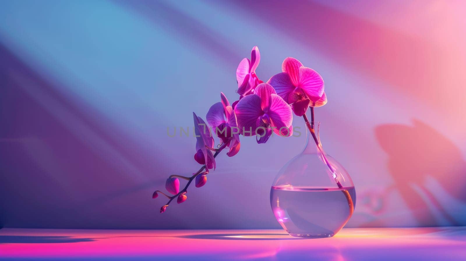 Purple orchids in a glass vase under colorful lighting.