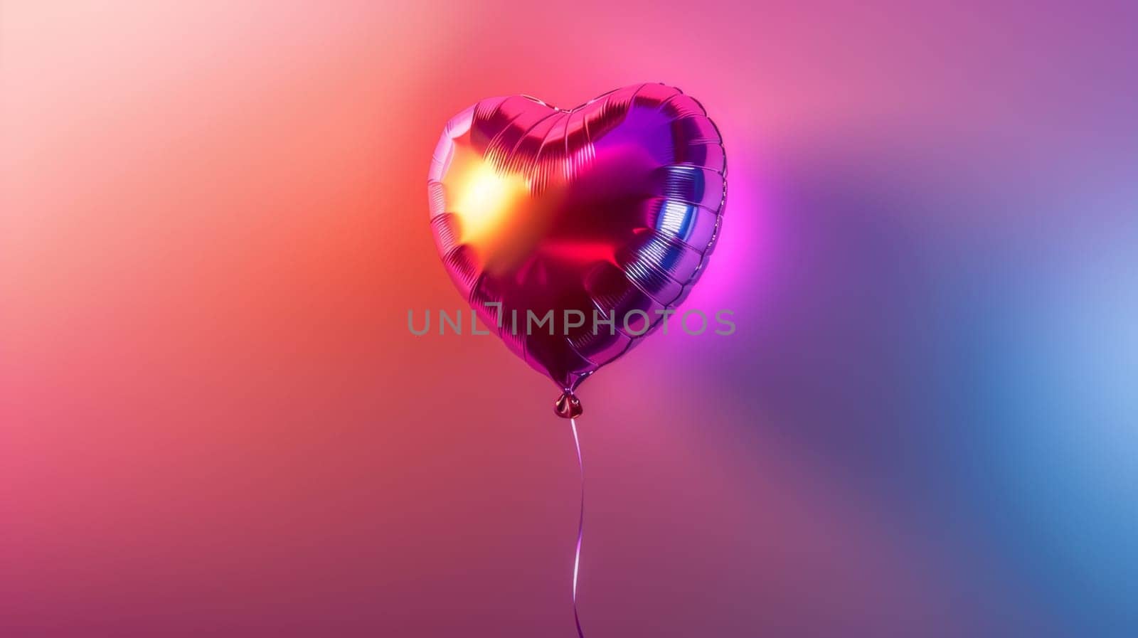 Red heart-shaped balloon against a colorful gradient background.