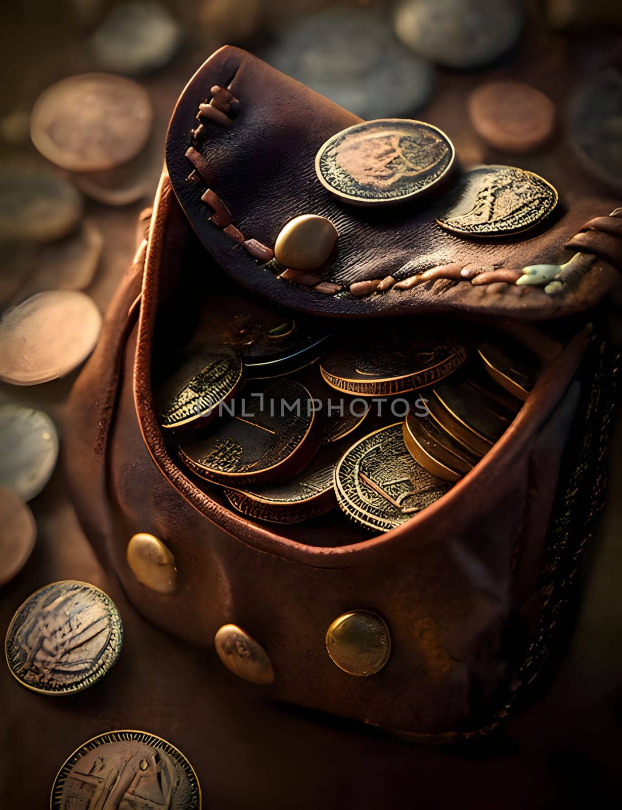 Various coins in a small pouch. A pile of coins. Money and currencies.