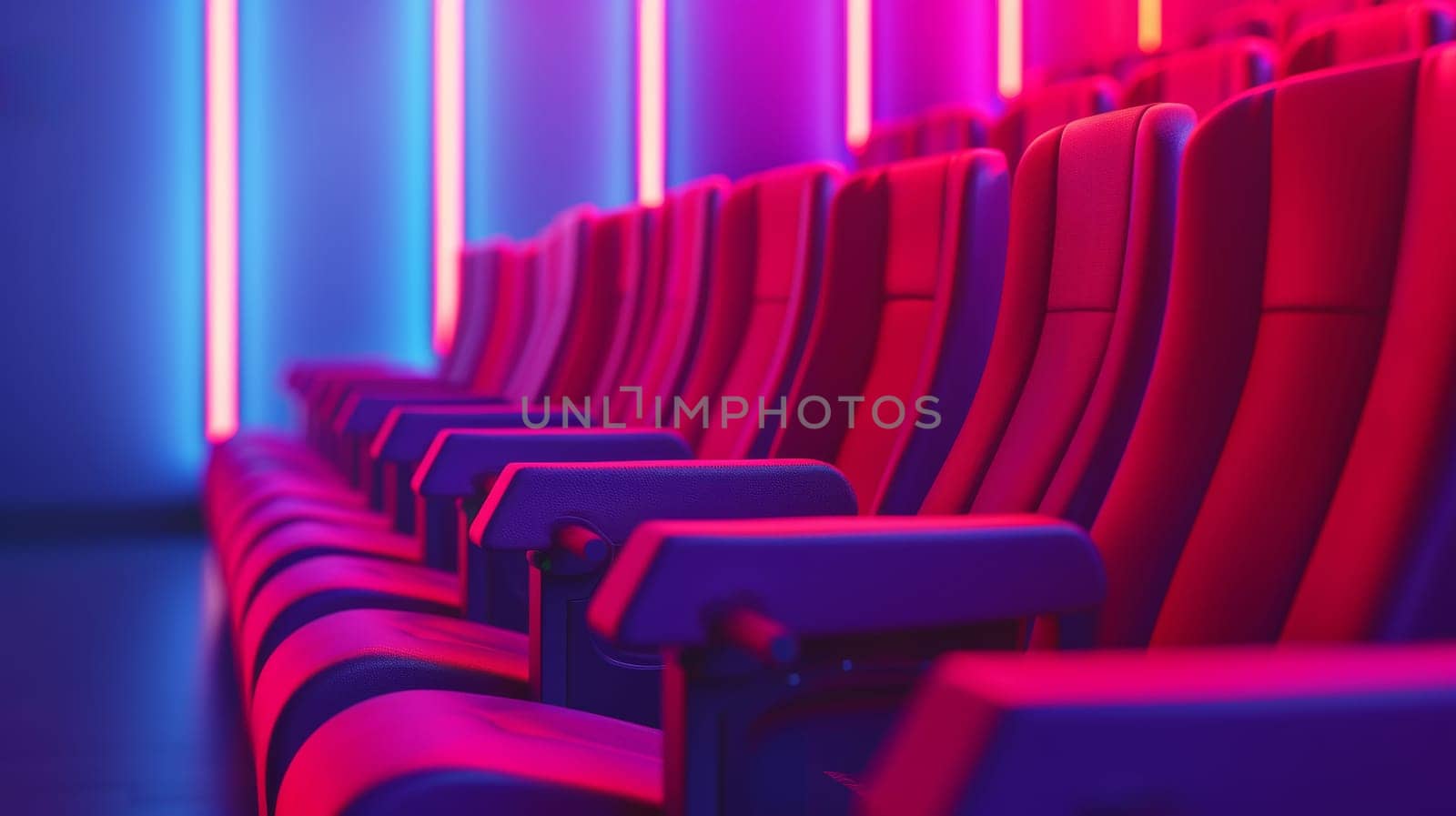 Red cinema seats with blue and purple neon lighting.