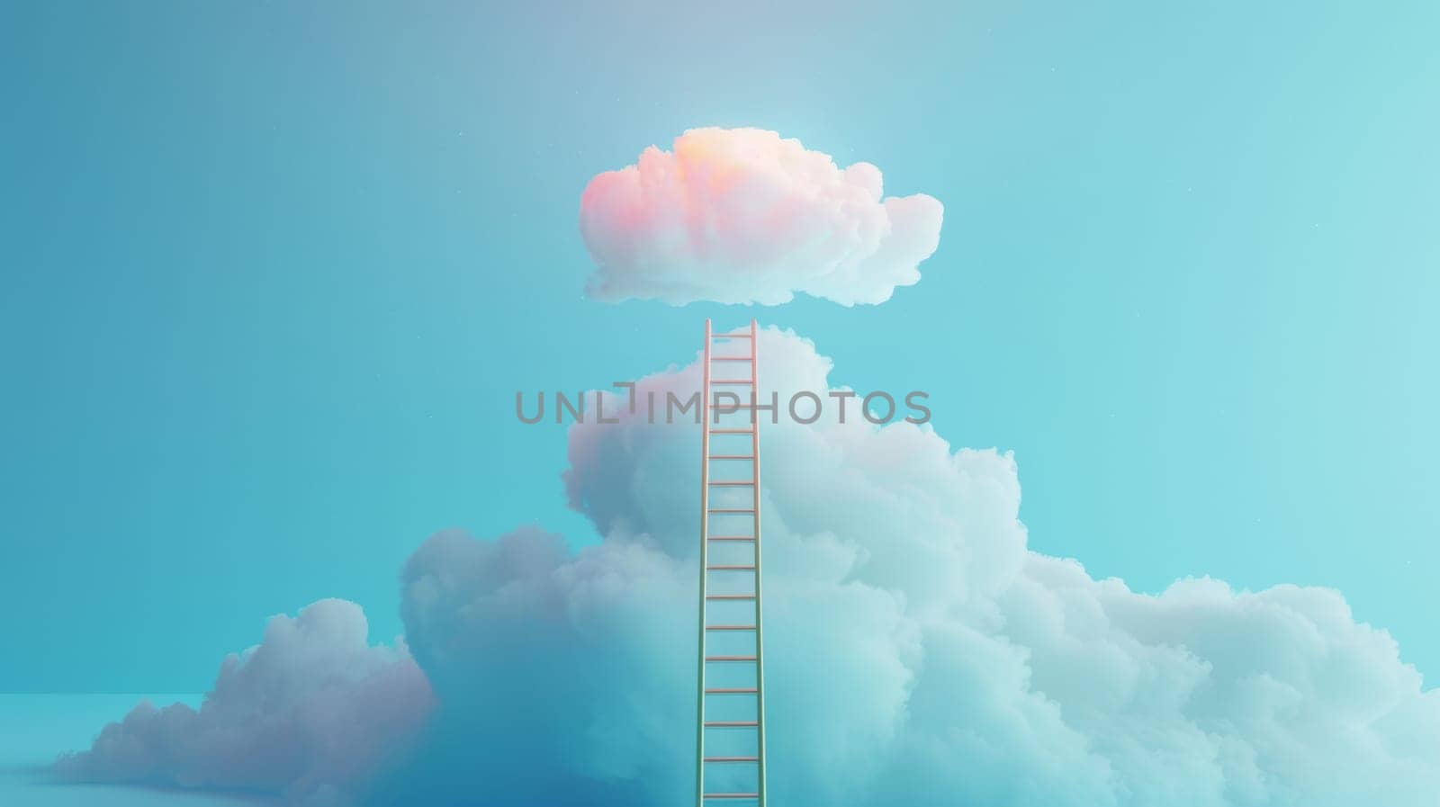 Ladder reaching a cloud in a blue sky.