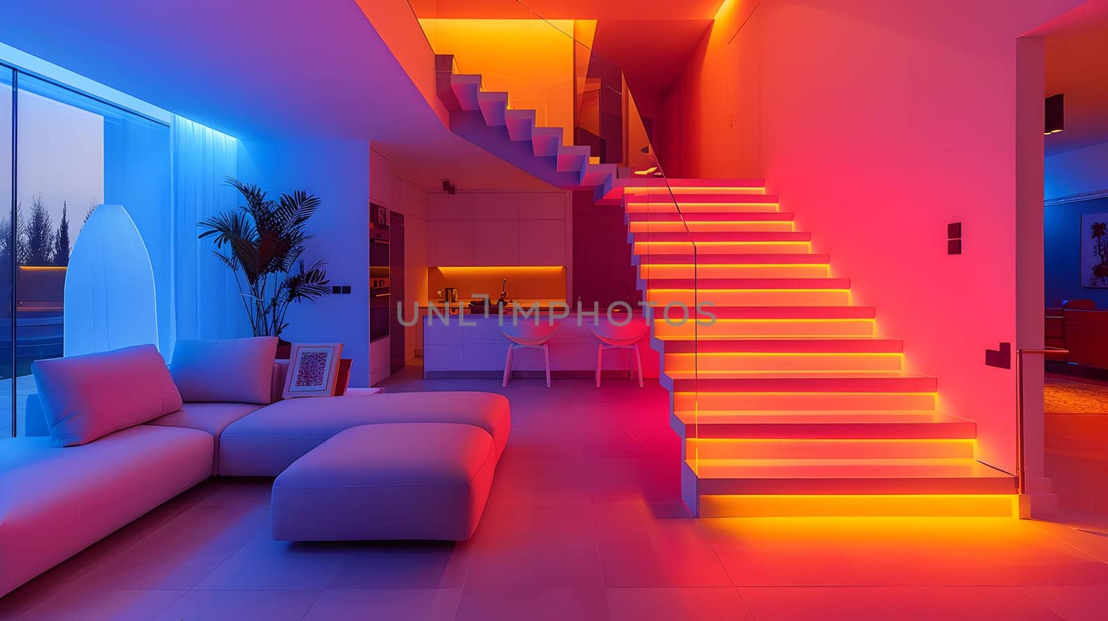 A house featuring colorful lights, a staircase, and an electric blue door. The entertainment room has magenta and purple hues, with a high ceiling and unique flooring