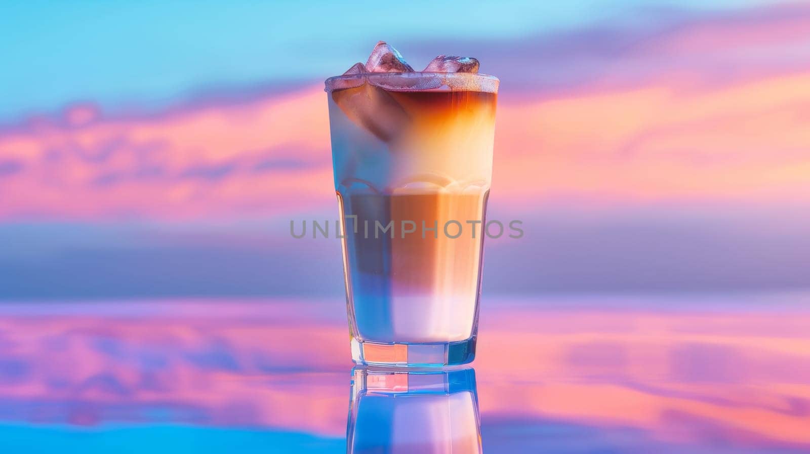 Iced layered coffee in a glass against a colorful sunset.
