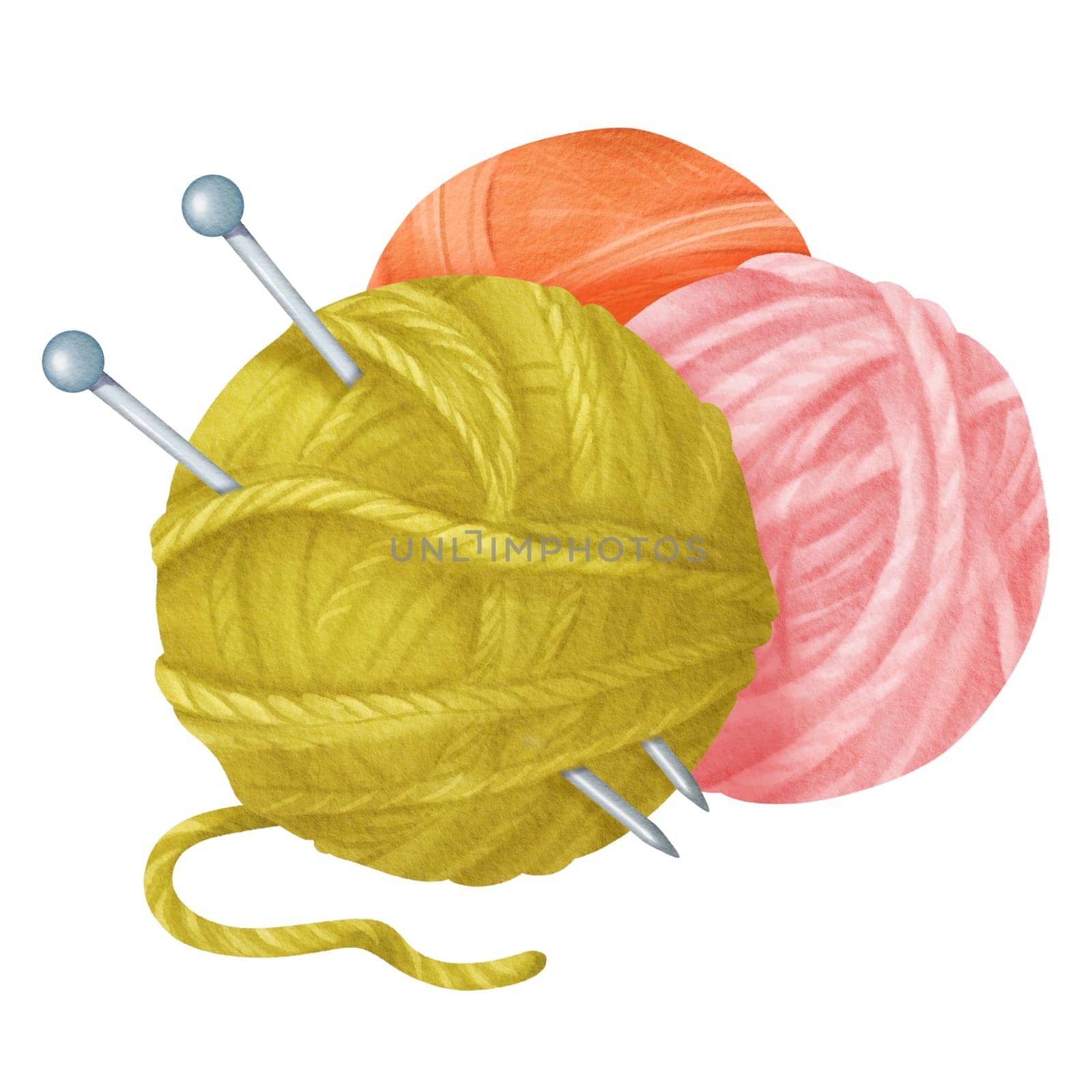 A composition featuring multicolored yarn skeins in green, pink, and orange, complemented by steel knitting needles. for crafting blogs, knitting tutorials, or DIY designs. Watercolor illustration by Art_Mari_Ka