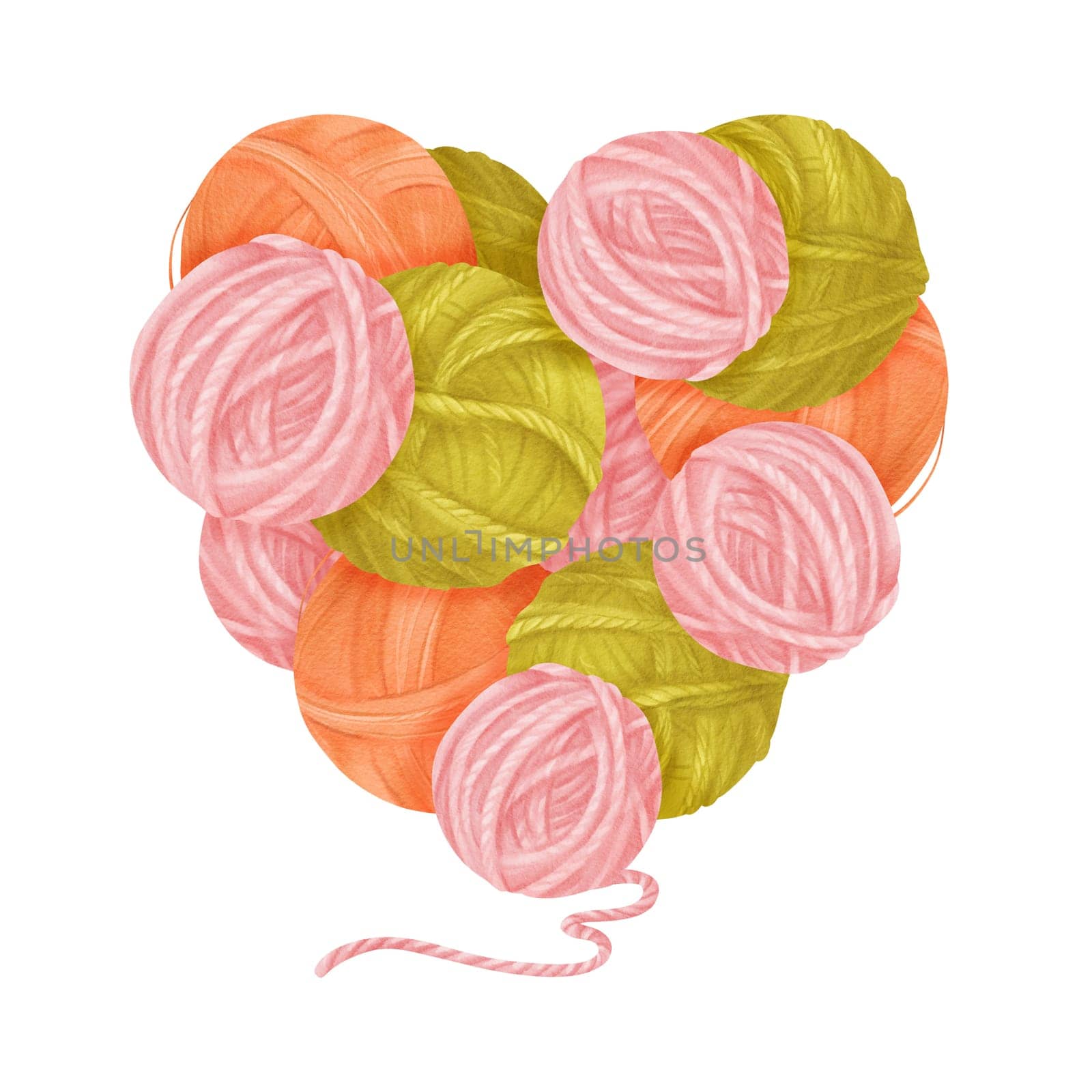 A heart-shaped composition themed around knitting, for knitting and sewing enthusiasts. a heart crafted from yarn skeins in shades of green pink and orange, for crafting projects or DIY-themed designs.