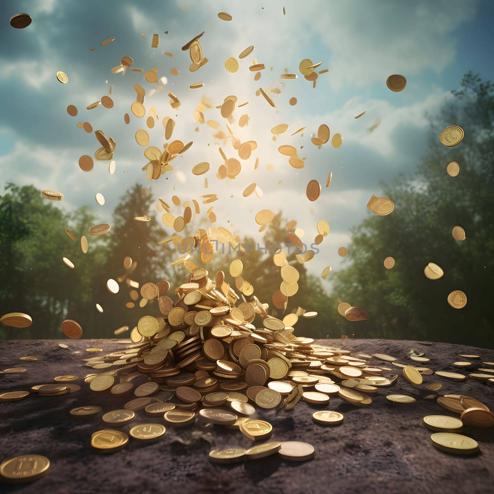 Gold coins falling from the sky to the ground. A pile of coins. Money and currencies.