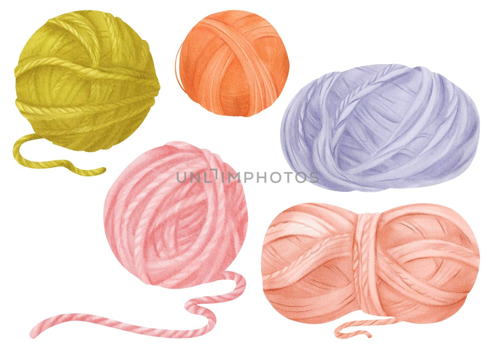 Watercolor set of knitting yarn balls. Isolated objects featuring cotton and wool threads in orange, green, blue, and pink colors. for crafting enthusiasts, knitting tutorials and needlework shops.