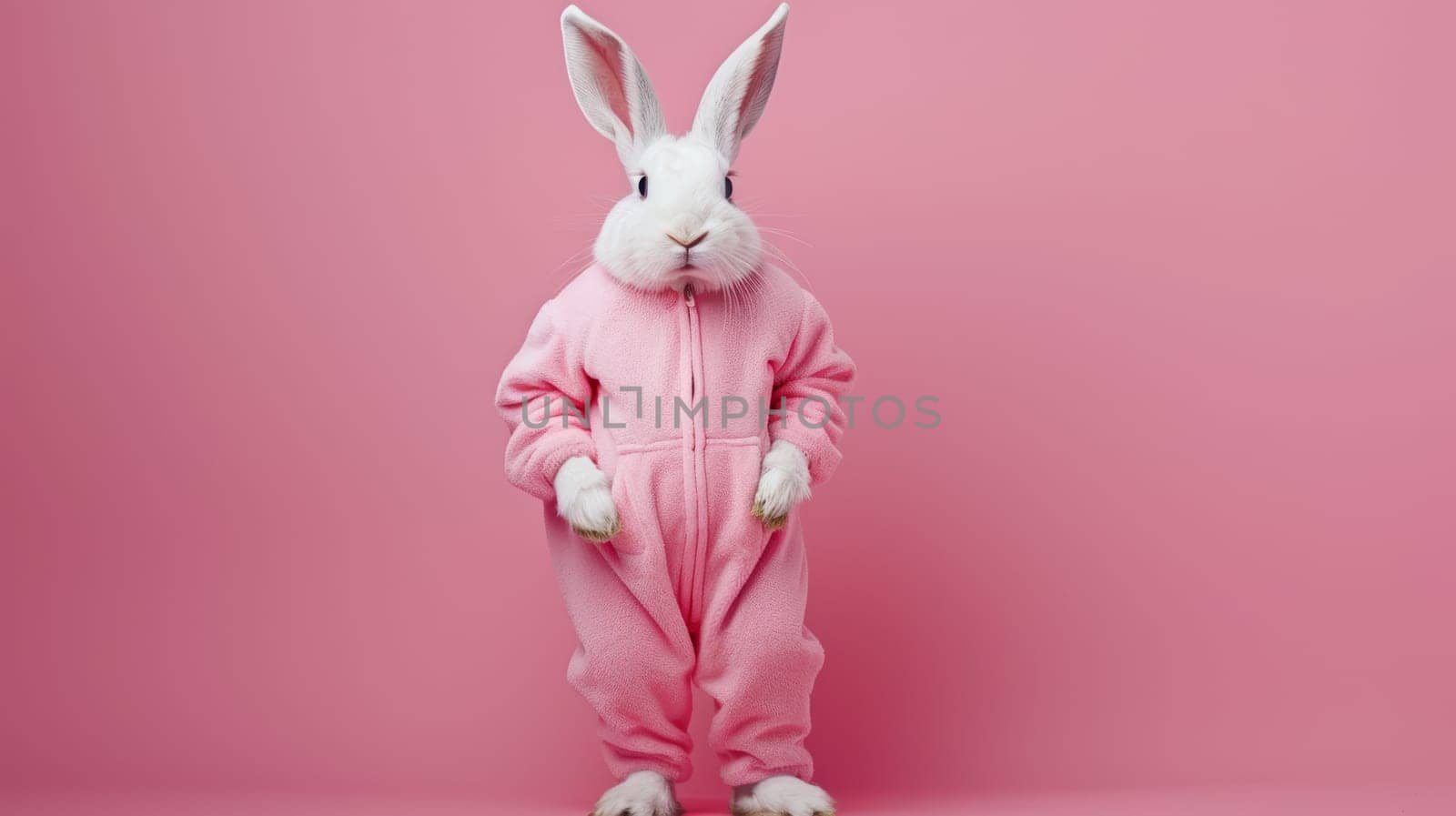 White Rabbit in Pink Outfit on Pink Background.