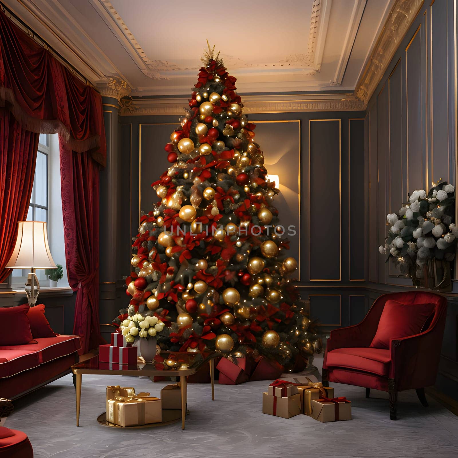 Christmas tree with gold baubles, Red Bows in a rich house, gifts all around. Xmas tree as a symbol of Christmas of the birth of the Savior. A time of joy and celebration.