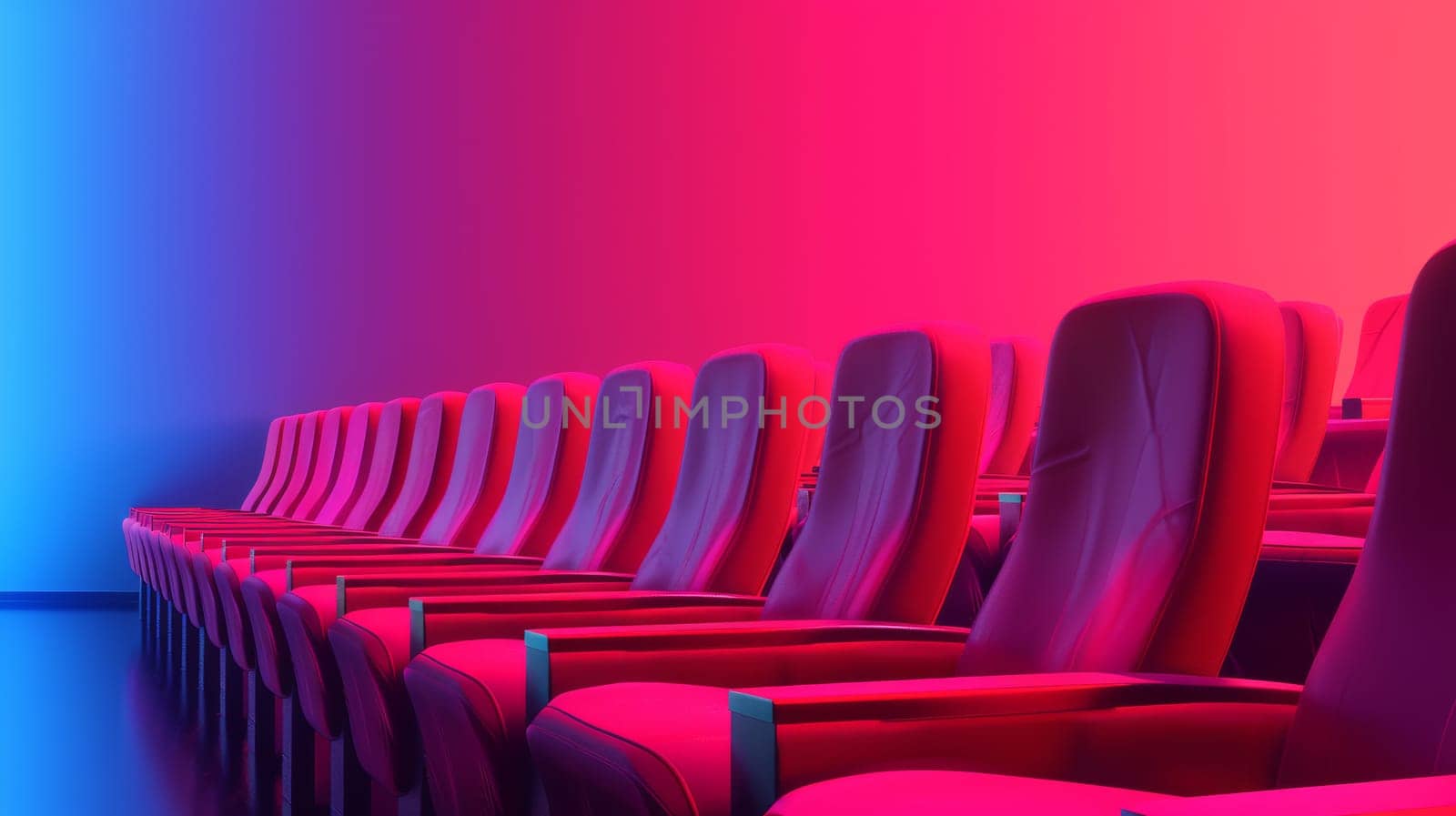 Row of seats under vibrant neon lights in an empty theater.
