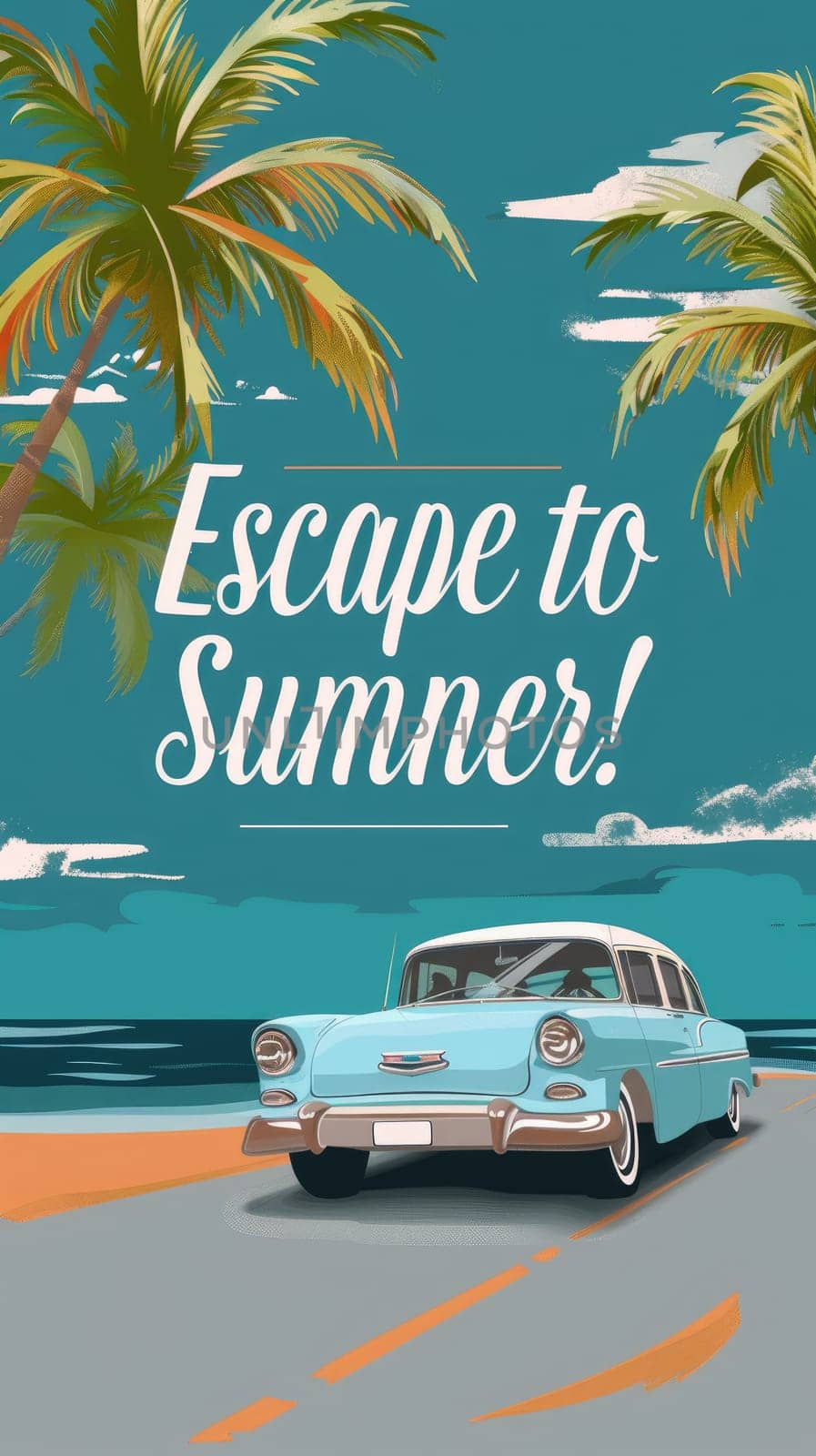 retro-inspired design featuring a classic car cruising down a scenic coastal highway with palmtrees. by Chawagen