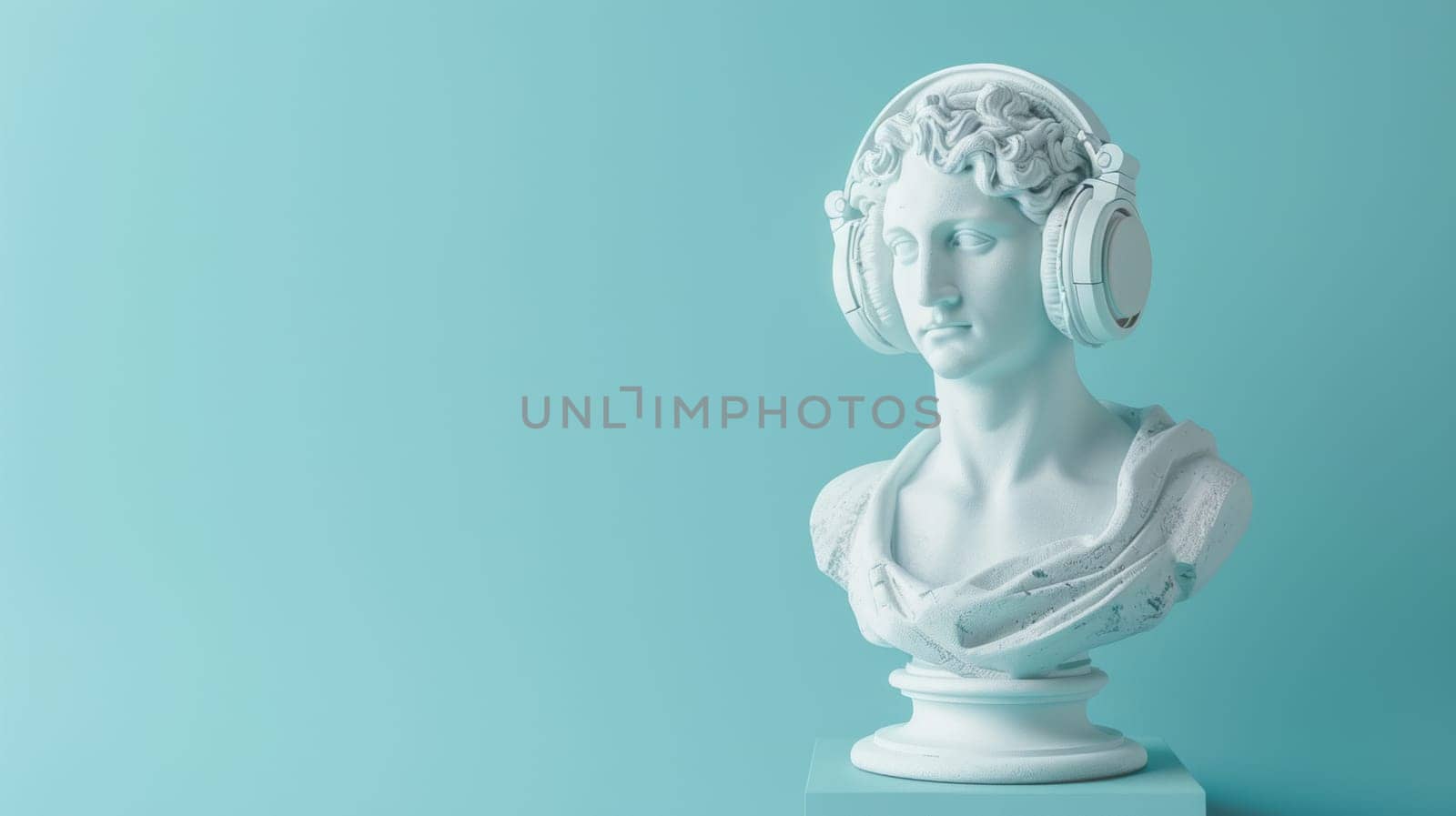 Statue of Apollo wearing modern headphones.