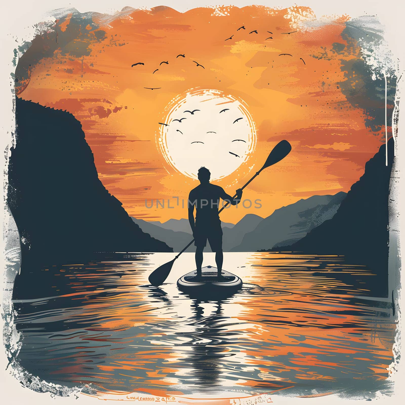 Man on paddle board in water at sunset, creating art with gestures in nature by Nadtochiy