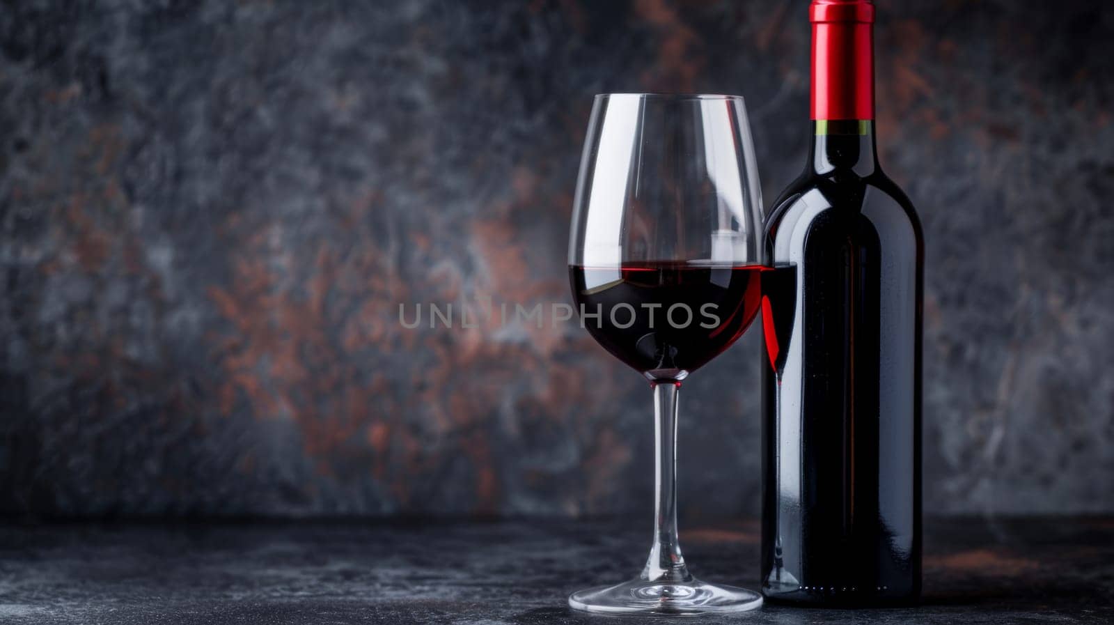 Red Wine Glass Beside Wine Bottle.