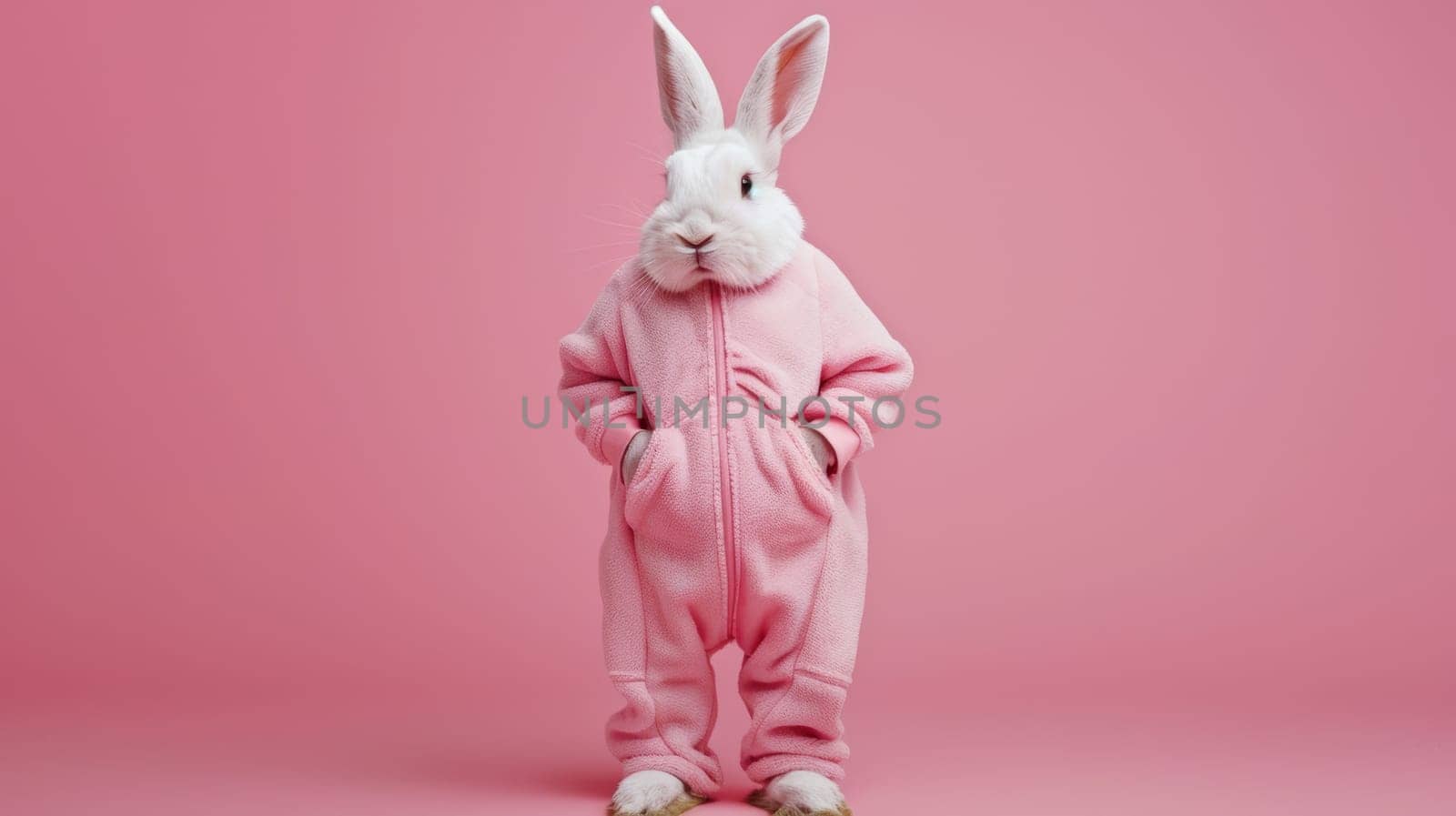 White Rabbit in Pink Outfit on Pink Background.