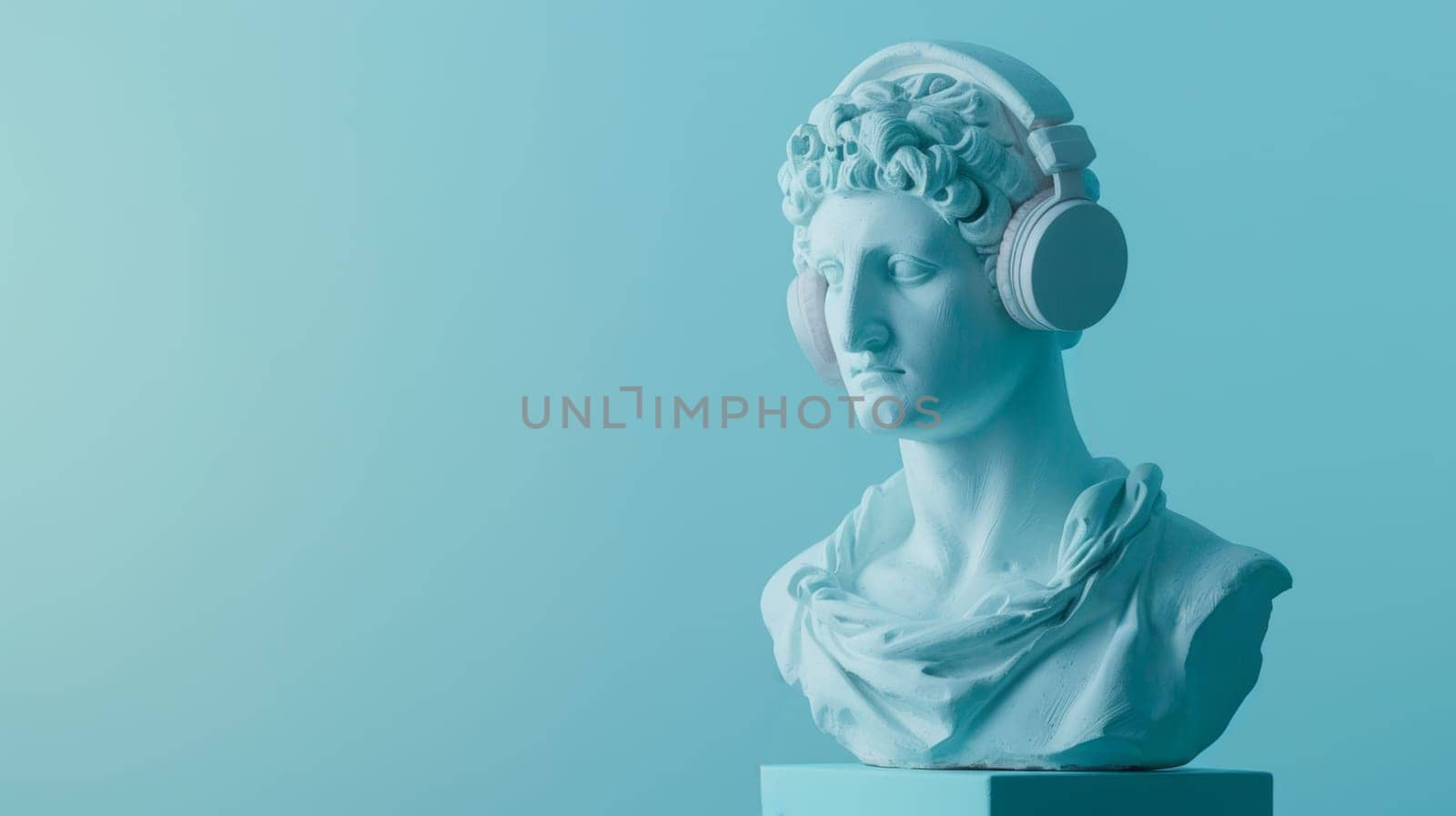 Classical statue of Apollo wearing modern headphones.